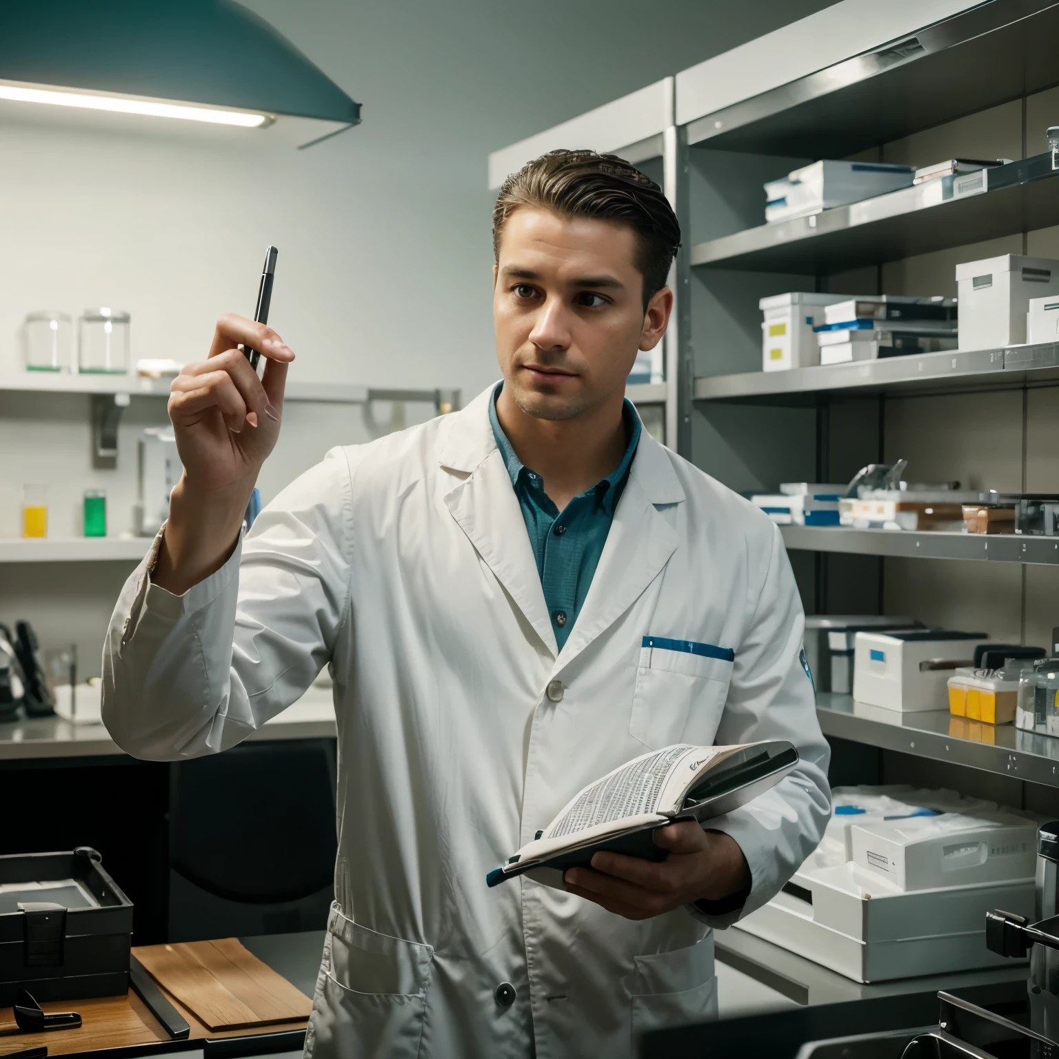 a white coat with "food technician" written on it, a technician standing in the corner of the slide, pointing with his finger to indicate that we are going to talk about a specific topic. 

(detailed,realistic) The technician has detailed eyes, a serious expression on his face, and a focused posture. He is holding a clipboard in one hand and a pen in the other, ready to take notes. The lighting in the scene is bright and evenly distributed, highlighting the technician and creating a professional atmosphere.

(highres) The image is of high resolution and clarity, with every detail of the technician's appearance and the surroundings being captured. The colors are vivid and true to life, enhancing the realism of the scene.

(concept artist) The art style of the image is that of a concept artist, with clean lines, precise details, and a slightly stylized touch. It combines elements of realism with a touch of artistic interpretation, making the image visually appealing and engaging.

(food industry) The overall color tone of the image is influenced by the topic of food technology. It features a color palette that incorporates shades of white, blue, and green, reflecting the cleanliness and freshness associated with the food industry.

(advanced lighting) The lighting in the image is meticulously crafted, creating soft shadows and highlights to enhance the sense of depth and three-dimensionality. Additionally, there is a subtle rim light that outlines the technician, further accentuating his presence in the scene.

(studio lighting) The scene is lit with professional studio lighting, ensuring optimal illumination and minimizing unwanted shadows or glares. This results in a clear, well-lit image that showcases the technician and his surroundings in the best possible way.

(notebook, lab equipment) In the background, there is a laboratory setting, with shelves filled with various lab equipment and supplies. The technician's attention to detail is evident, as the lab is orga