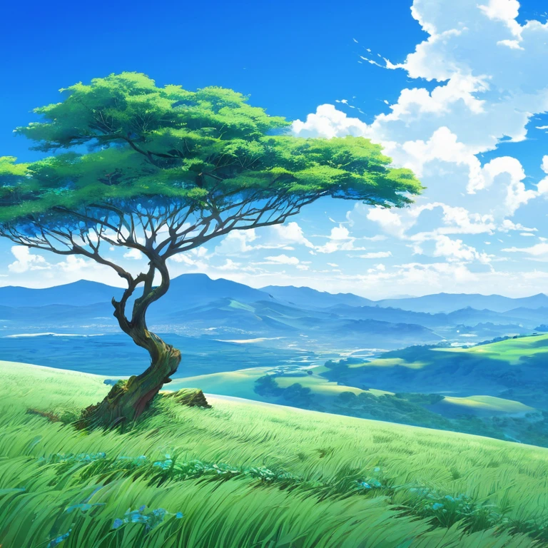 anime landscape, tree ,cielo azul praderas , valles, colinas 