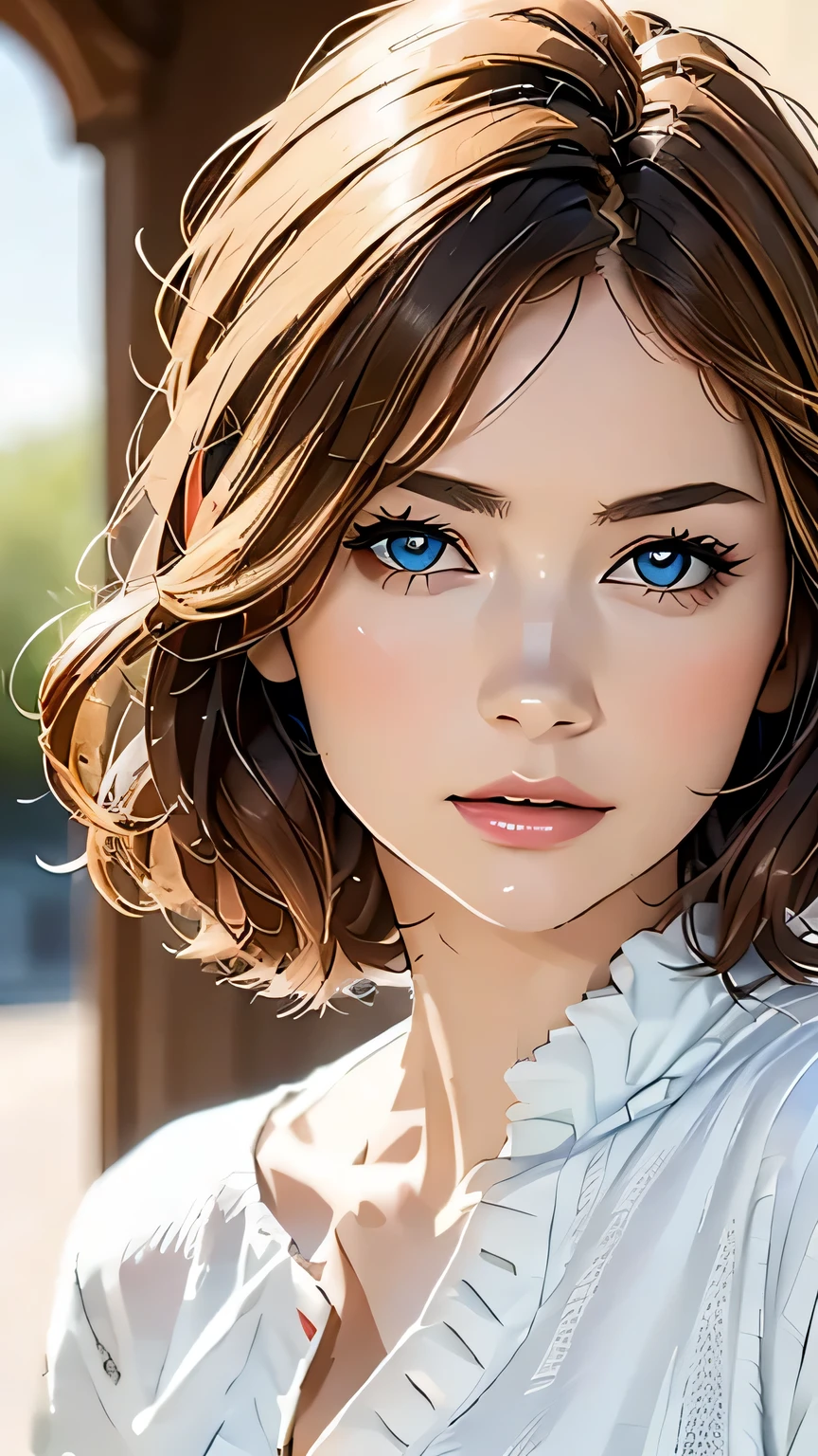 (highest quality,4k,8K,High resolution,masterpiece:1.2),Super detailed,realistic:1.37,portrait,blonde,blue eyes,white skin,medieval clothing,detailed facial features,beautiful lips,gorgeous eyes,A wonderful expression,retro style,soft lighting,Bright colors,short hair,break,cowboy shot,