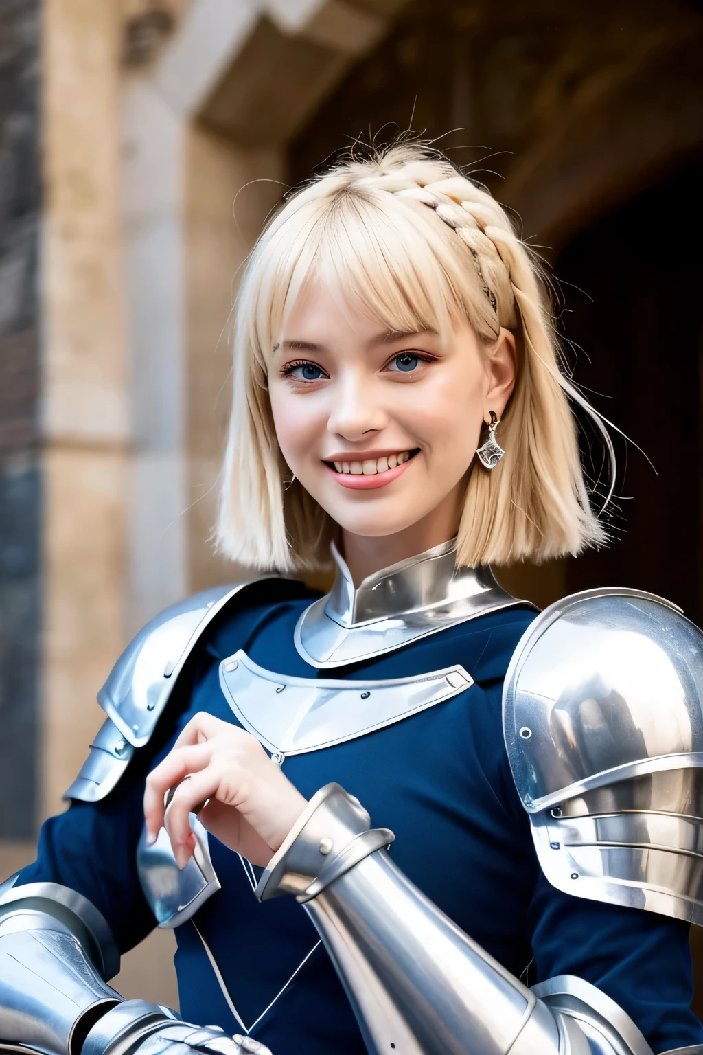 ((highest quality)), ((masterpiece)), (be familiar with), perfect face、A beautiful and elegant woman sitting on a chair inside the castle、blonde hair、blue eyes、female knight、luxurious silver armor、Beautiful smile and teeth alignment、hairstyle short cut、ear piercing、full body photo