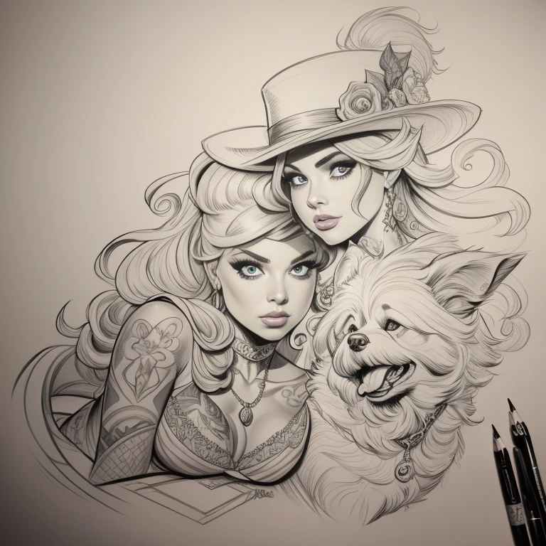 graffiti style drawing, 4k, best quality, black and white, Comic Babes, drawing of a woman and a dog with hat, tattoo drawing, sketch illustration, sketch art, tattoo sketch, art sketch, by Randy Vargas, by Rick Naguaro, traditional art, by Irvin Bomb, by Dave Arredondo, by Eddie Mendoza, medium sized tattoo design, inspired by Ralph Horsley, by Brian Fies, line work, professional sketch