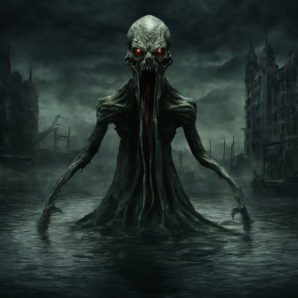 Create a mesmerizing image of the Cthulhu creature. for iPhone wallpaper. Голова украшена Создайте завораживающий for iPhone wallpaper. For example, sharp triangular teeth, glowing yellow eyes, full of anger, and a tool in hand. The sunken city background adds an eerie sense of mystery. The bloody face and unused staff in hand create a frightening and sinister look.., perfect for the spooky season. This masterpiece boasts ultra-high resolution, Photorealistic details, and tense atmosphere, it will leave you on edge. For example, glowing green eyes, full of anger, and a staff in his hand. The underwater city background adds an eerie sense of mystery and depth of enchantment...., . The bloody face and unused staff in hand create a frightening and sinister look.., perfect for the spooky season. This masterpiece boasts ultra-high resolution, Photorealistic details, and tense atmosphere, it will leave you on edge.