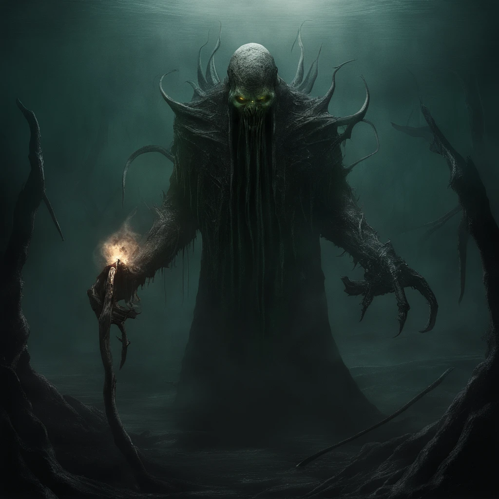 zrpgstyle, dark swamp eldritch monster (skull face:1.2) creature with (octopus tentacles:1.2) rising out of the water moss slime vines churning water fireflies midnight moonlight backlight (masterpiece:1.2) (illustration:1.2) (best quality) (detailed) (intricate) (8k) (HDR) (wallpaper) (cinematic lighting) (sharp focus)