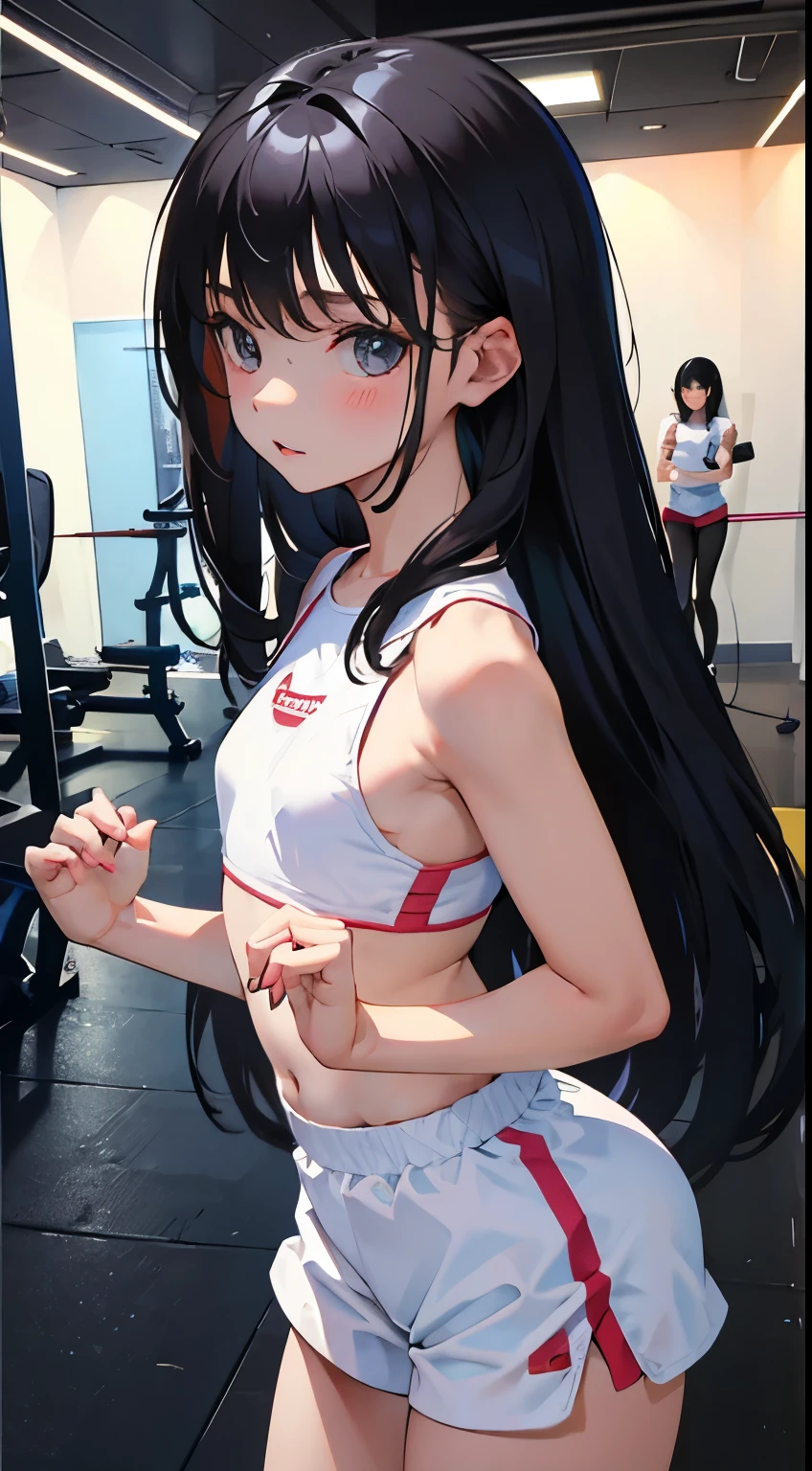 (short cute girl, young studeg delicate girl),(masterpiece,Top quality),long black hair,training gym