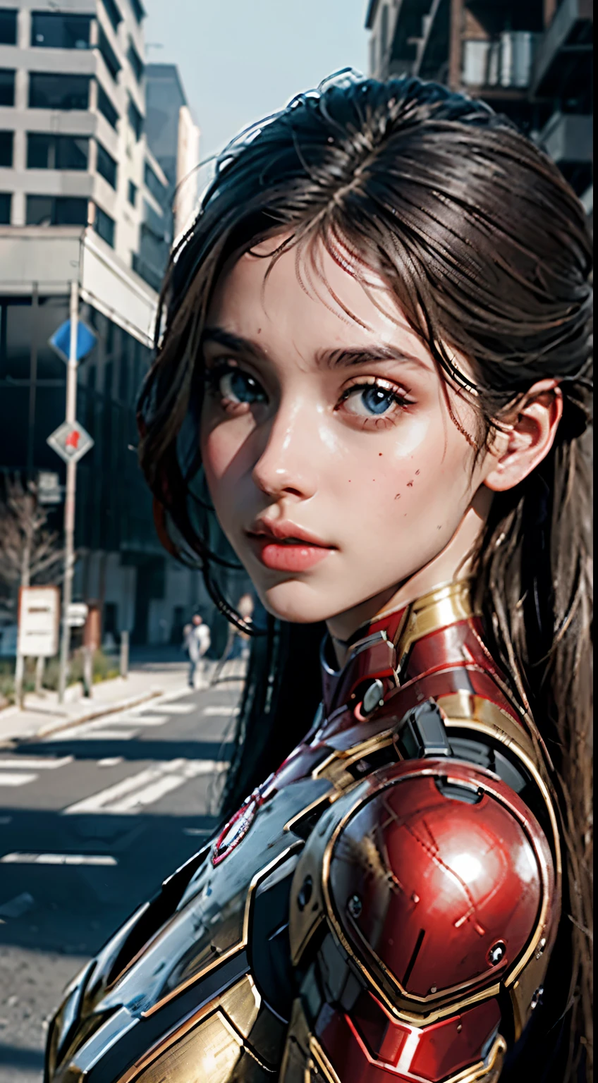 BRUT, chef-d'artwork, Photo ultra fine,, best quality, ultra haute résolution, photorealistic, sunlight, portrait complet du corps, incroyablement belle,, Poses dynamiques, Delicate face, Des yeux vibrants, (side view) , elle porte un robot futuriste Iron Man, red and gold color scheme, Fond d'highly detailed abandoned warehouse, Detailed face, Detailed and complex busy context, messy, Magnifique, blanc laiteux, highly detailed skin, Realistic Skin Details, pores visibles , sharpness, volumetric fog, 8k euh, digital reflex camera, high quality, grain de film, peau claire, photorealism, lomographie, sprawling metropolis in futuristic dystopia, vue d'en bas, translucide