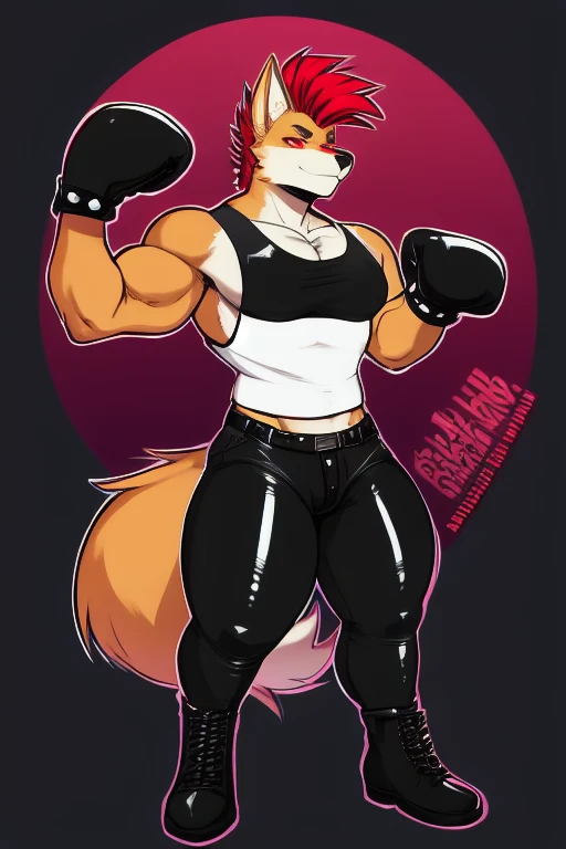 ((best quality)), ((masterpiece)), Furry, anthropomorphic wolf, orange fur, red hair, mohawk hairstyle, red eyes, 6'7 and 233, 50" Chest, 21" Shoulders, 17" Biceps, 36" Waist, 25" thighs, 17" calves, 20" back, wearing black leather sleeveless vest, wearing white t-shirt with sleeves ripped off, V-neck t-shirt, wearing black leather pants, wearing black leather boots, wearing black bandana with yellow four pointed star on it, wearing red boxing gloves, punk biker aesthetic