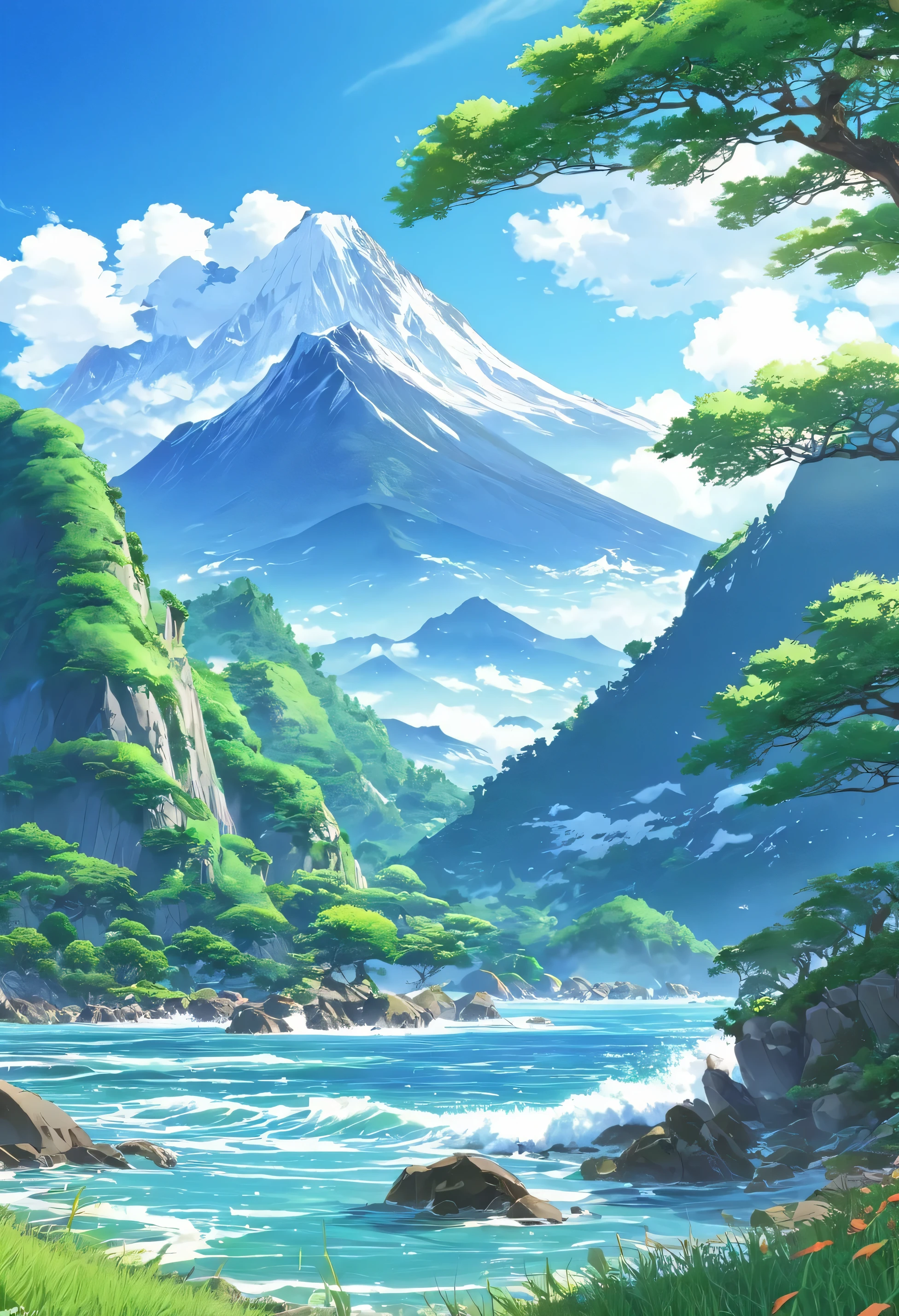 Hermoso, anime landscape, mountains and tides, trees