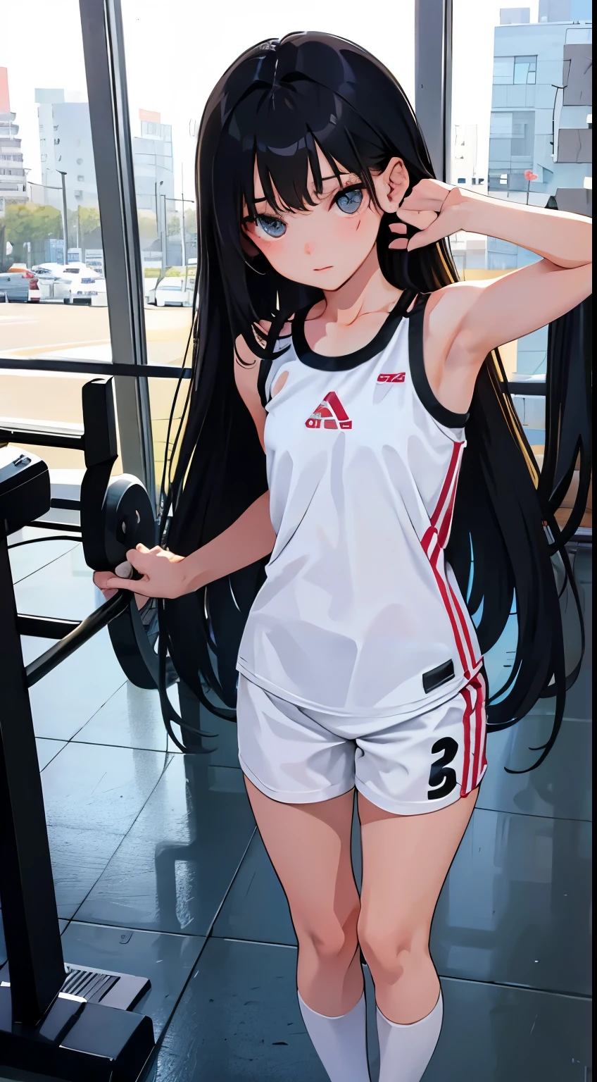 (short cute girl, young studeg delicate girl),(masterpiece,Top quality),long black hair,training gym