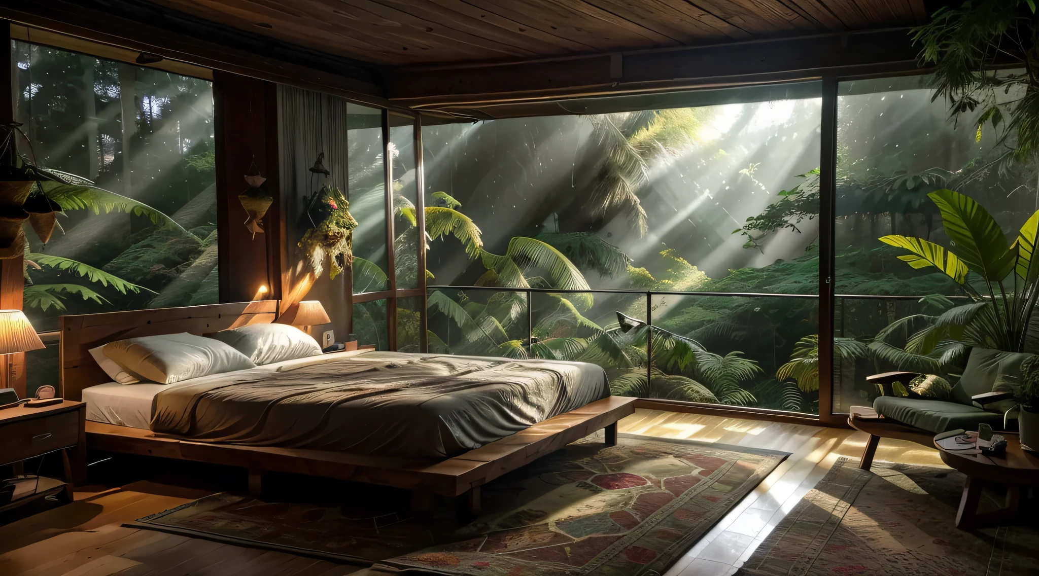 O quarto Alafard tem uma cama queen-size e uma grande janela, large windows to the forest at night, Comfortable treehouse room, cama aconchegante, Atmoshpere aconchegante, quarto aconchegante, lugar aconchegante, ambiente aconchegante, aninhado em uma floresta, aconchegante e calmo, Cama de janela, atmosfera mal-humorada, ambiente acolhedor e tranquilo, luz natural no quarto, natural window lighting, com pano de fundo de luz natural