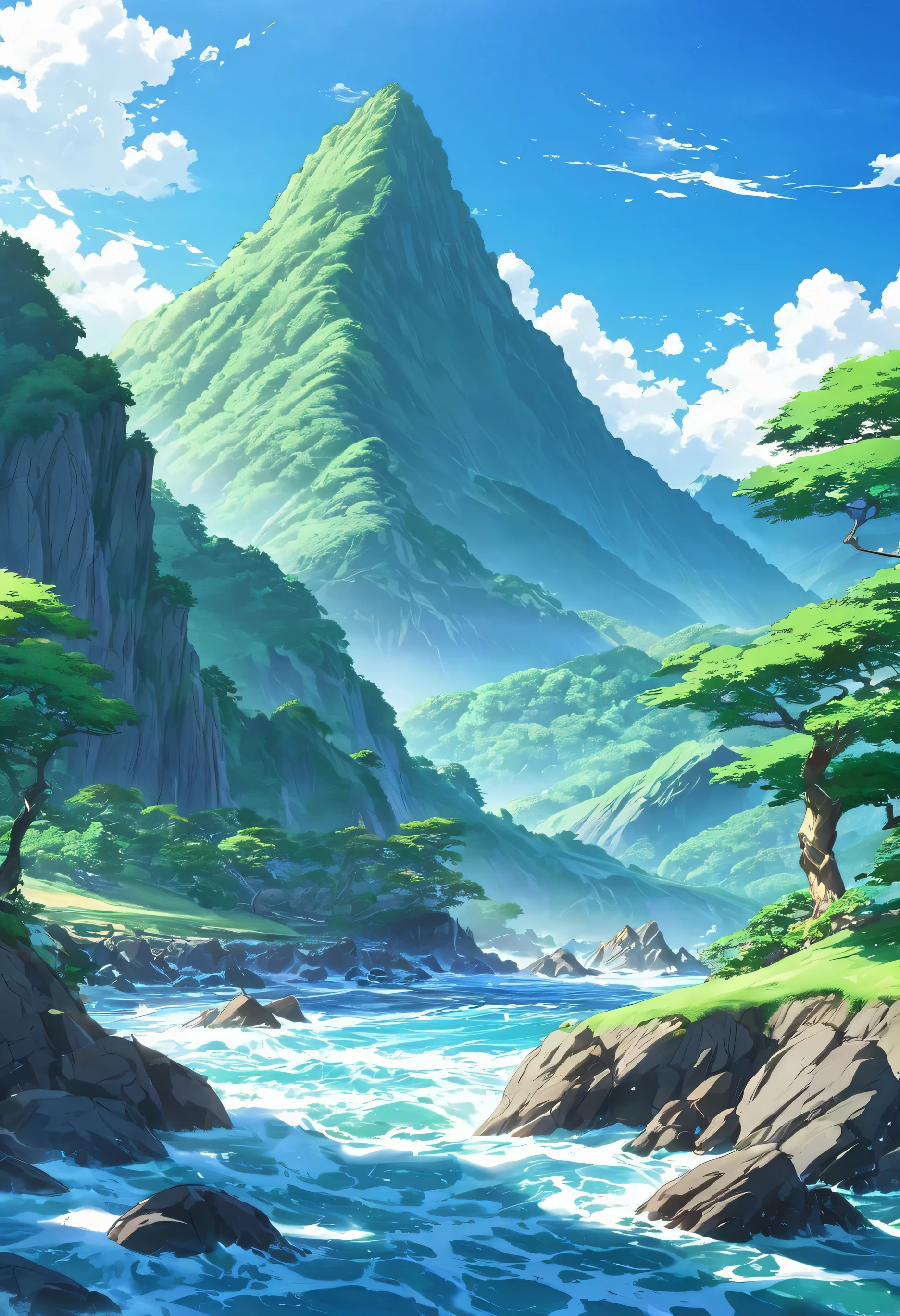 Hermoso, anime landscape, mountains and tides, trees