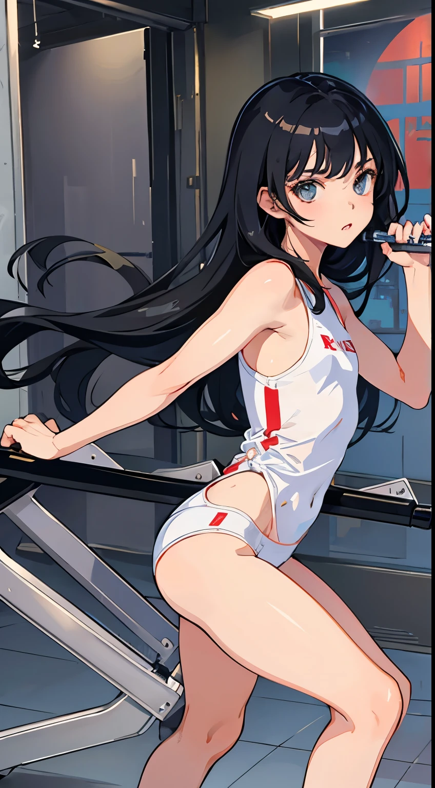 (short cute girl， young studeg delicate girl）,（masterpiece，Top quality)，long black hair，training gym