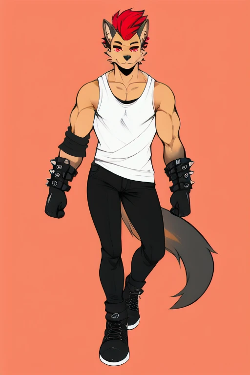 Furry, anthropomorphic wolf, orange fur, red hair, mohawk hairstyle, red eyes, 6'7 and 233, 50" Chest, 21" Shoulders, 17" Biceps, 36" Waist, 25" thighs, 17" calves, 20" back, wearing black leather sleeveless vest, wearing white t-shirt with sleeves ripped off, V-neck t-shirt, wearing black leather pants, wearing black leather boots, wearing black bandana with yellow four pointed star on it, wearing red boxing gloves, punk biker aesthetic