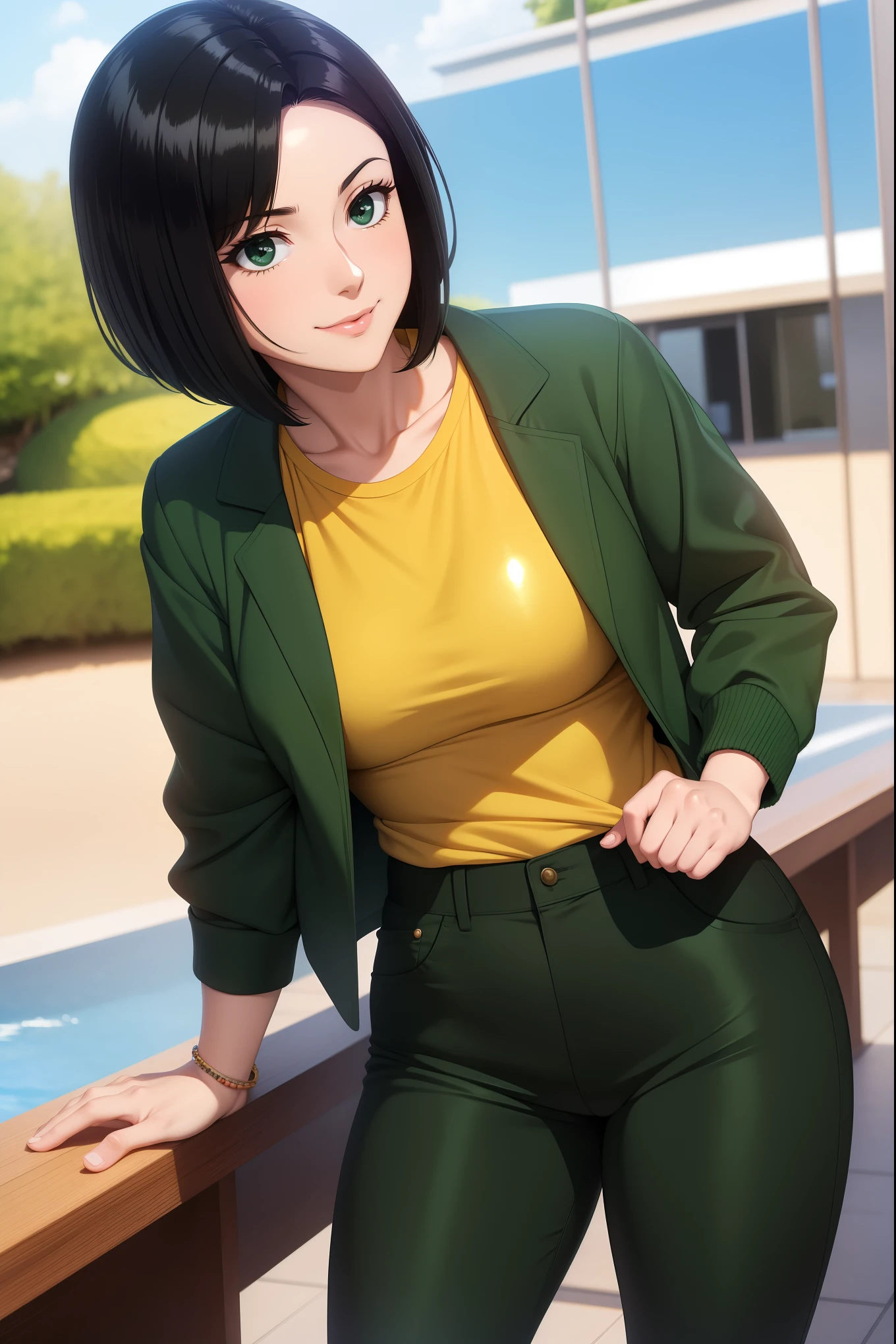 (best quality, absurd res:1.3),(illustration:1.1),(bokeh photography:1.1) ((anime style)),perfect lighting,1 mature female, mature looking, beautiful face,(light smile:1.1),(shiny skin:1.3),(bashful:1.1), ((dark yellow T-shirt, dark green jacket, black eyes, dark green pants)), (medium hair, side-cut Hairstyles, side-cut Hairstyle, Asymmetrical Bob, Shaved side, straight black hair)