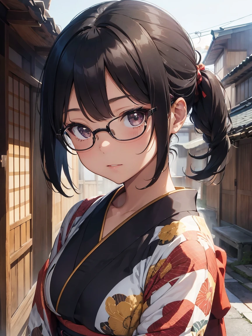 1 girl, beautiful girl, wear glasses, dark skin, whole body, height 150cm, 20-year-old, Brown-skinned girl, .(black hairのショートヘア, Street Hairstyles) , (black eye), realistic eyes, beautiful and big eyes), Kimono Dresses, Kimono clothing, small breasts, (8K wallpaper), (Japan Traditional House Wallpapers) 8K, Quilty altitude, realistic, beautiful realism, excellent detail, RAW photo, realistic clothes, short hair hair, black hair, realistic hair, Bright and cool lighting, realistic pictures, cel shading, gel lighting, Super detailed