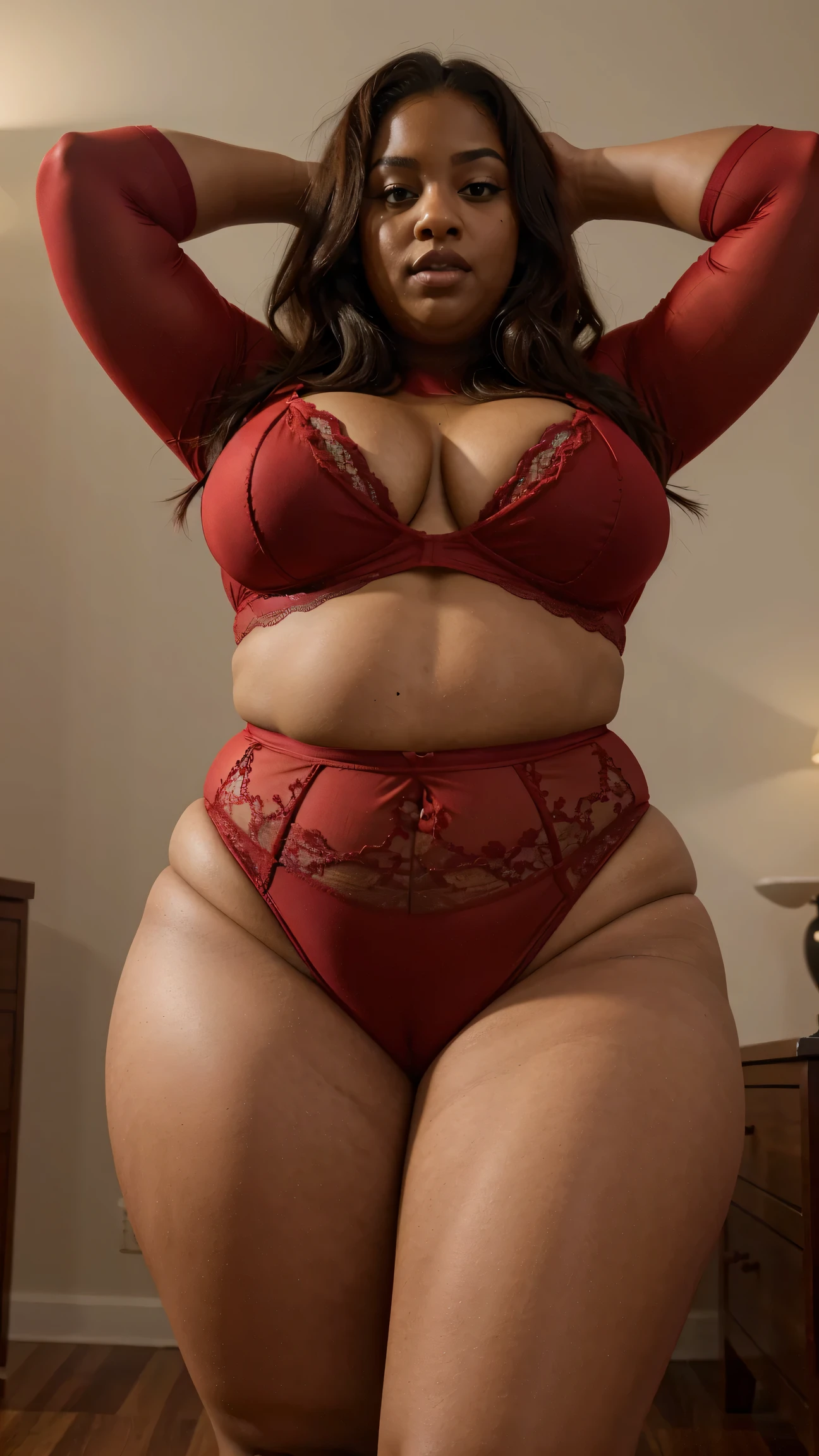 PLUS SIZE OBESE FAT dark skinned woman in bright red lingerie. HUGE HIPS huge thighs.