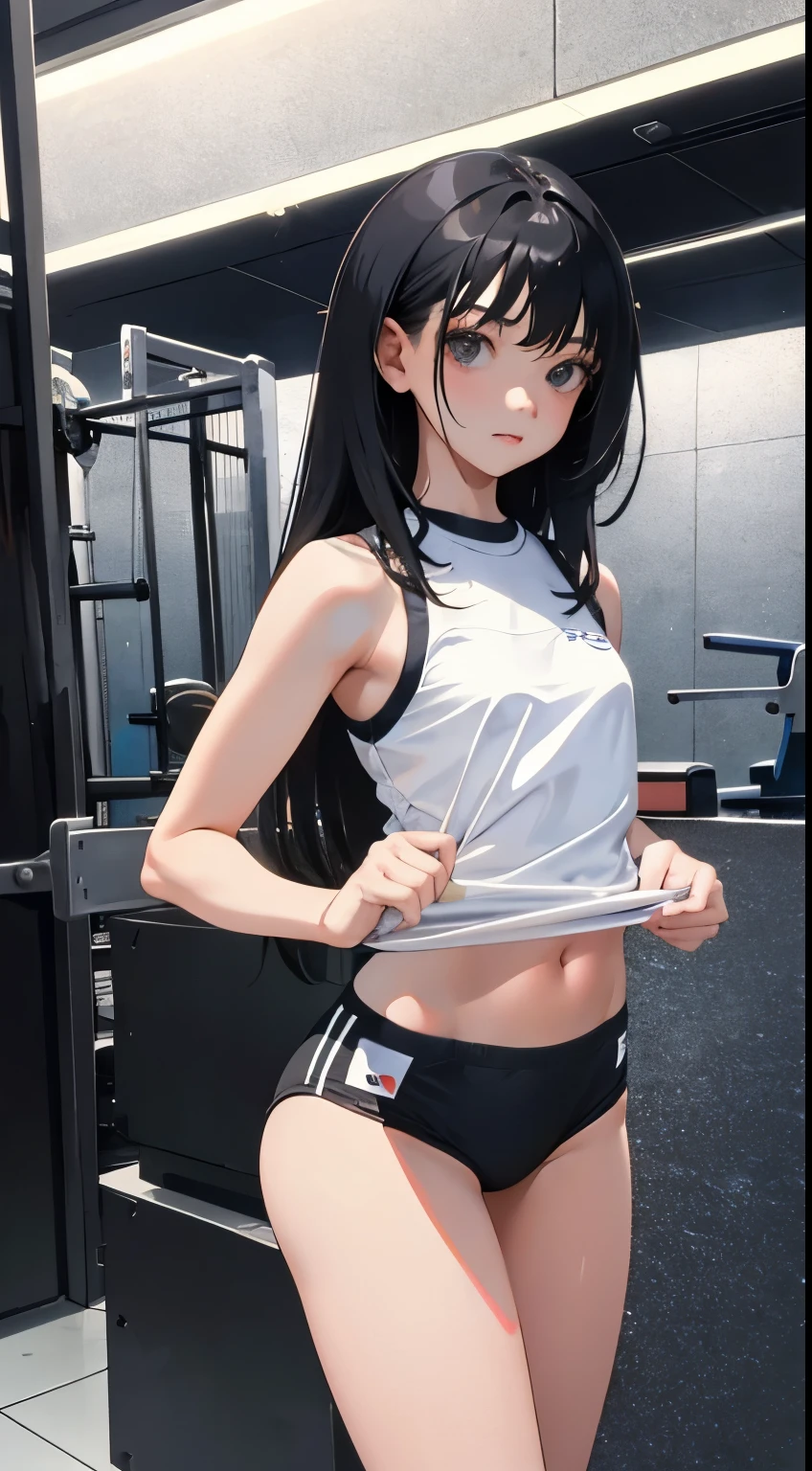 (short cute girl,small young student,young delicate girl),(masterpiece,Top quality),long black hair,training gym