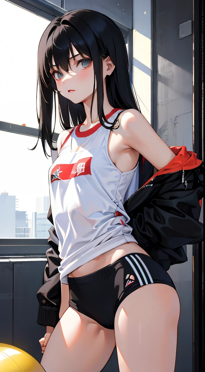 (short cute girl， young studeg delicate girl）,（masterpiece，Top quality)，long black hair，training gym