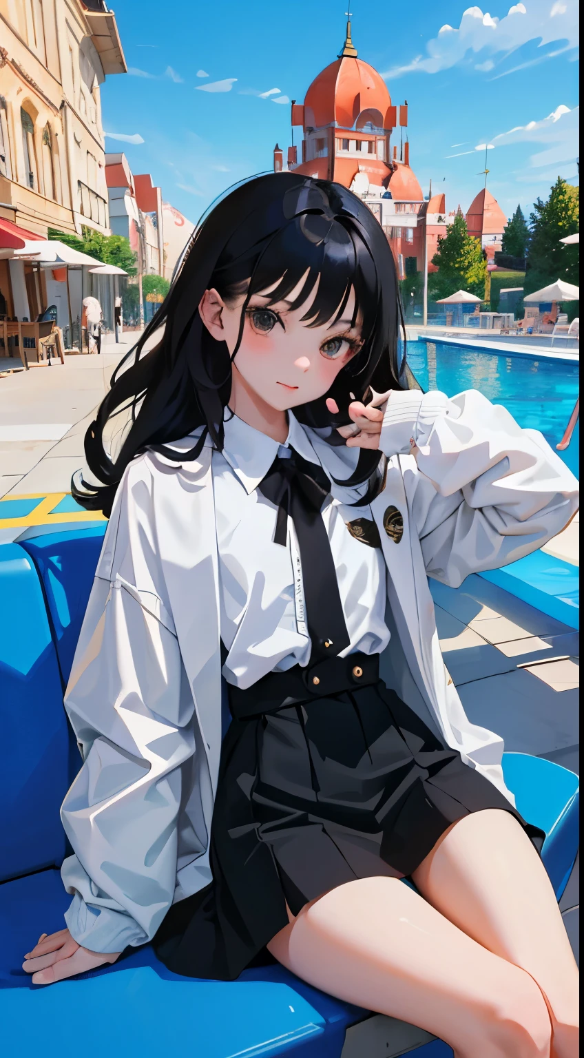 (short cute girl，small young student，young delicate girl）,（masterpiece，Top quality)，long black hair，amusement park，pool