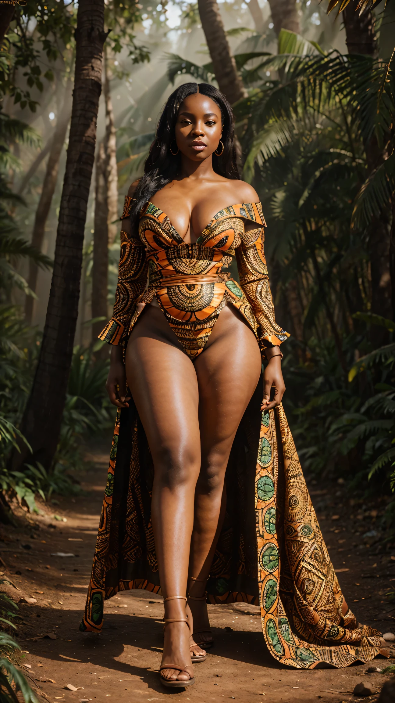 Full body shot of A beautiful curvy African woman dressed in African designed high fashion haute couture, standing in An African forest full of different smoke colours in the atmosphere, RGB mix of smoke colours, Red, orange and white smoke colours in the scene, bringing a beautiful and vibrant atmospheric scene,  soft light shining in the scene, with beautiful iridescent light, artgerm style, 32k, ultra HD, unreal engine rendered, hyper-realistic image