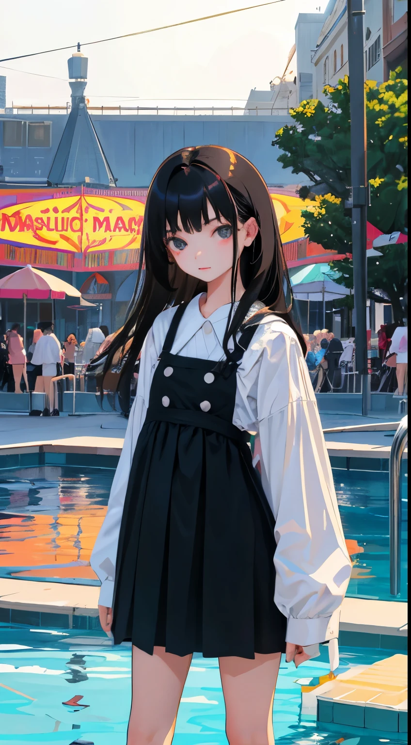 (short cute girl,small young student,young delicate girl),(masterpiece,Top quality),long black hair,amusement park,pool