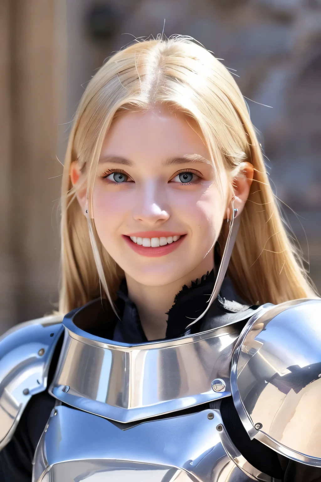 ((highest quality)), ((masterpiece)), (become familiar with), perfect face、A beautiful and elegant woman about to remove her helmet、blonde hair、blue eyes、female knight、Luxurious Silver Armor、Beautiful smile and straight teeth、hairstyle short cut、ear piercing、Upper body、The background is inside the castle