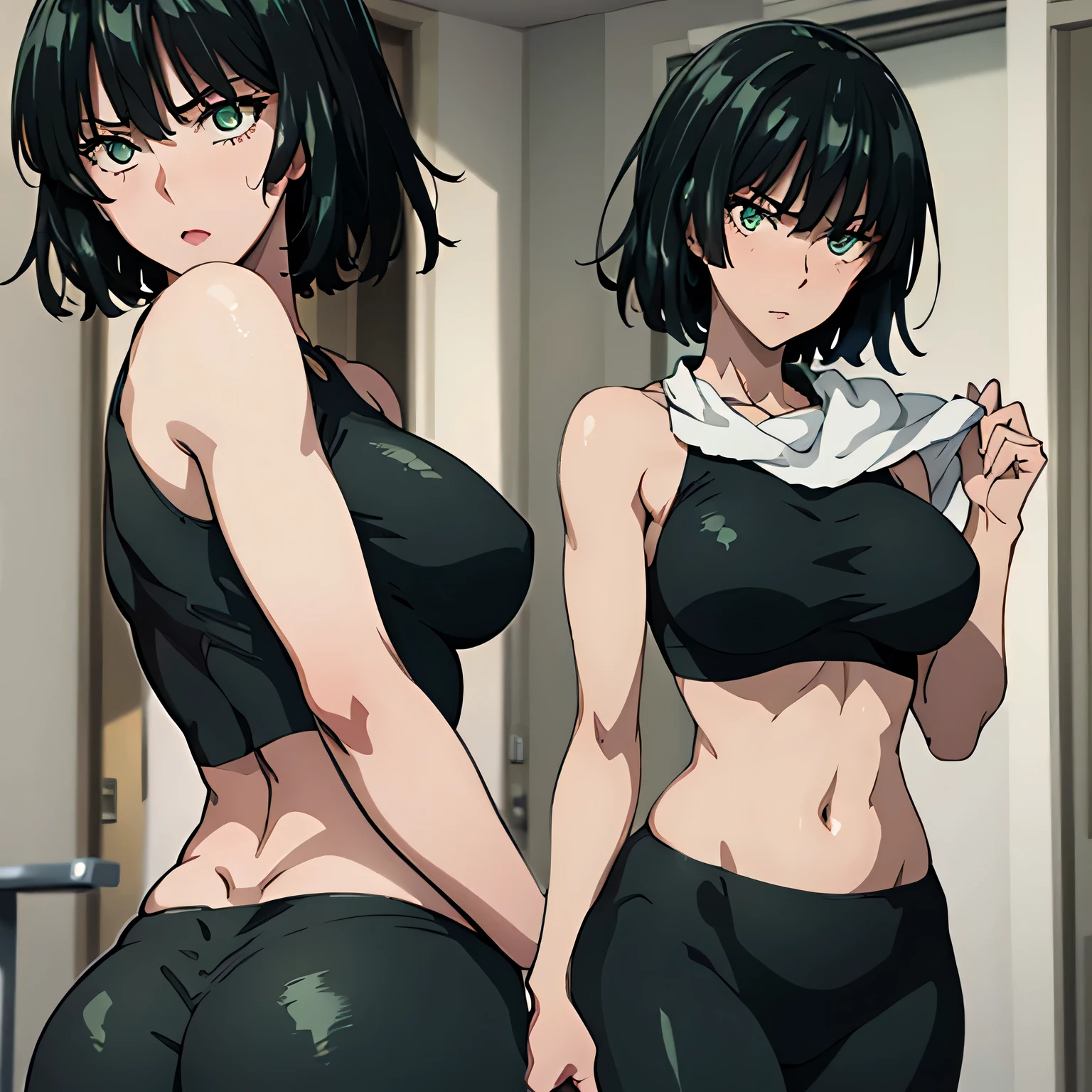 Fubuki, the stunning anime beauty, is currently in the gym, clad in a form-fitting sports bra and tight gym pants that perfectly showcase her figure. After an intense workout session, she takes a well-deserved break, grabbing a towel to wipe off her sweat. Beads of perspiration glisten on her face and trickle down her toned waist, emphasizing her alluring curves. With a bashful yet captivating expression, she steals a glance at the viewer, her eyes reflecting a mix of shyness and embarrassment.

A strategically placed mirror behind her reveals her backside, where her sweaty back and alluring derriere can be seen. The artistry captured in this piece is truly exceptional, showcasing Fubuki in anime style with high definition (HD: 1.4), not a single pixel blurred, capturing her full body view from behind. Her curves accentuated by the tight clothes, her narrow waist contrasting with her sexy hips. Perfection encapsulated with smooth detailing on her whole body