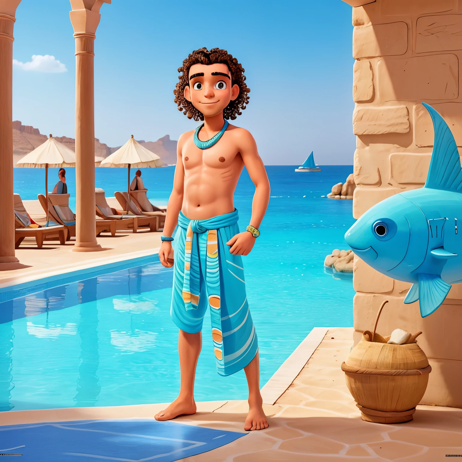 Disegna uomo sulla spiaggia di Sharm El Sheikh in costume da bagno con il mare blu e la barriera corallina e un ombrellone di paglia