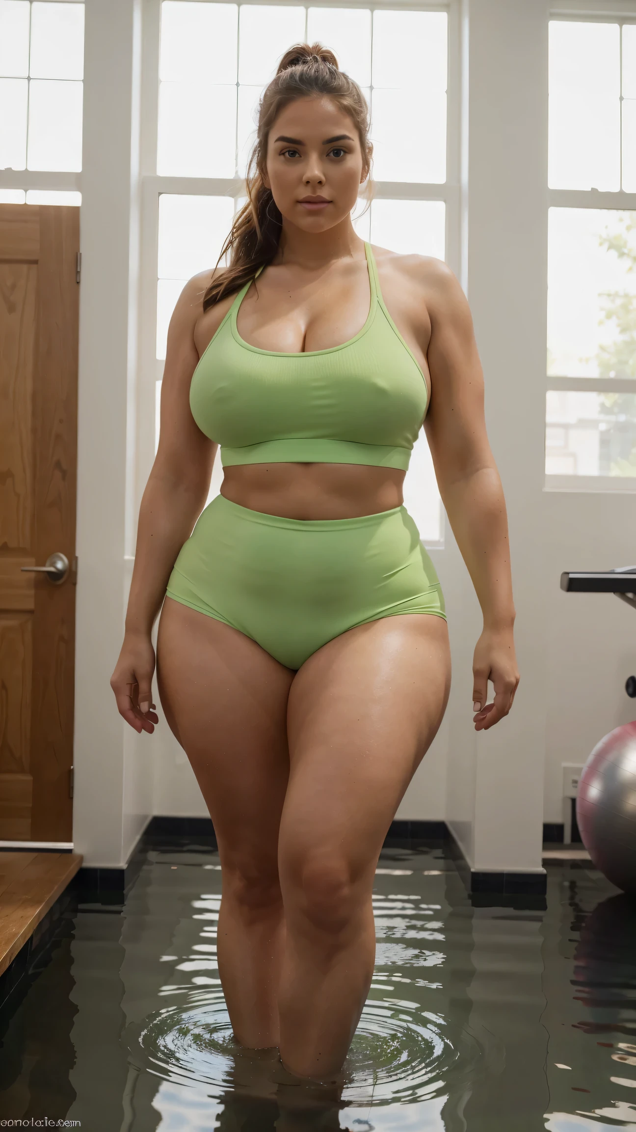 "Generate a detailed and full-body image of a remarkable plus-sized woman, showcasing her genius and self-assuredness, in a gym setting. She stands with impeccable posture, exuding a remarkable presence and confidence. Dressed in a stylish, vibrant summer workout outfit that complements her body, she stands out as an icon of style and self-assurance.
The gym is flooded with natural sunlight, creating a warm and inviting atmosphere, and every detail is meticulously captured. From the determination in her eyes to the strength in her muscular frame, the image reflects the essence of empowerment and body positivity. Her posture is a testament to her inner genius and determination. Her entire body radiates a remarkable energy.
Please create this image with the utmost attention to detail, celebrating the genius and confidence of a plus-sized woman in a gym environment."