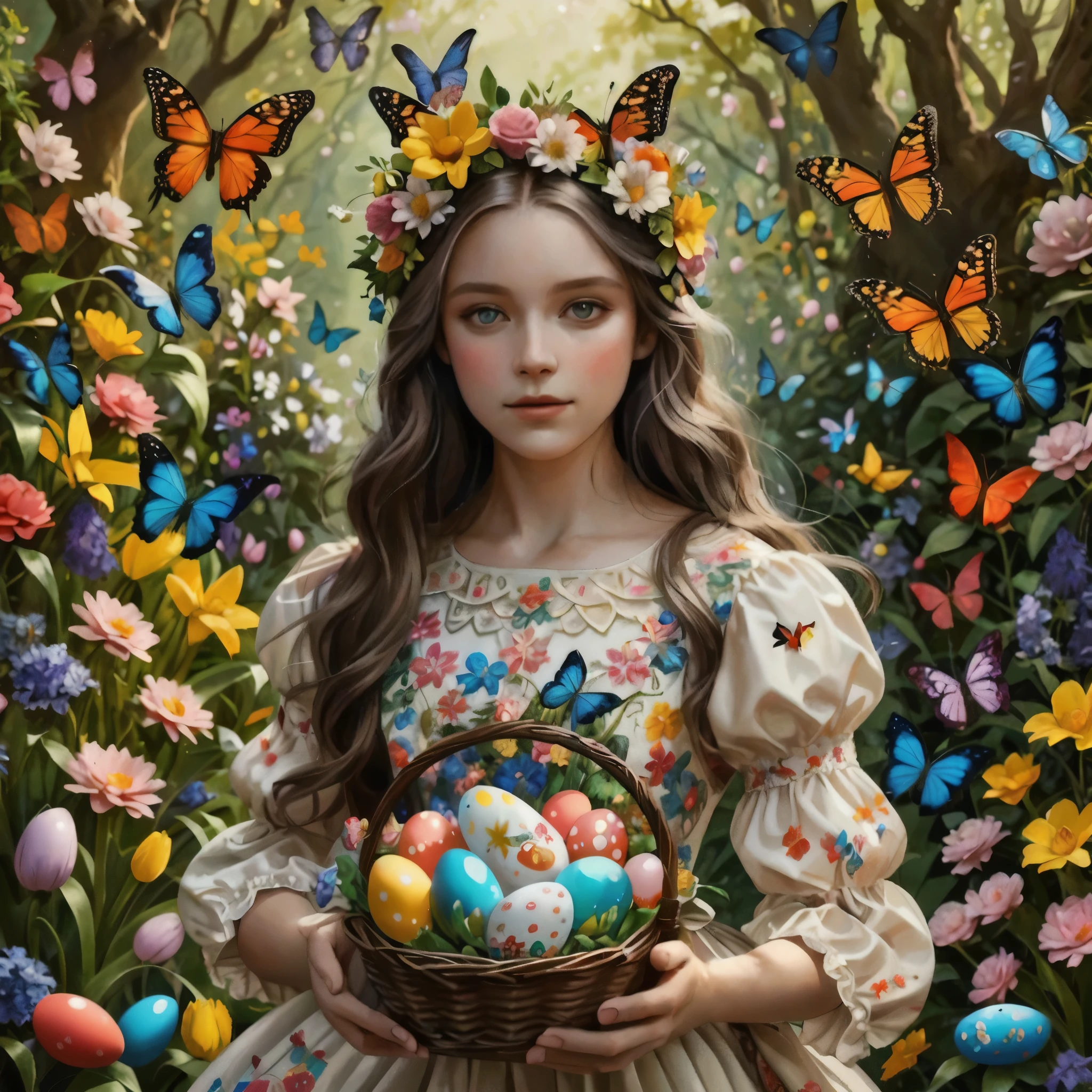 Arafed image of a girl in a dress holding a basket of eggs., obra de arte oficial, darrell k dulce, diosa de la primavera, inspirado en Sophie Gengembre Anderson, por Alexander Kucharsky, Hermosa obra de arte digital, con una canasta de pascua, Colorida e intrincada obra maestra, alexey egorov, by László Balogh, obra maestra colorida e intrincada