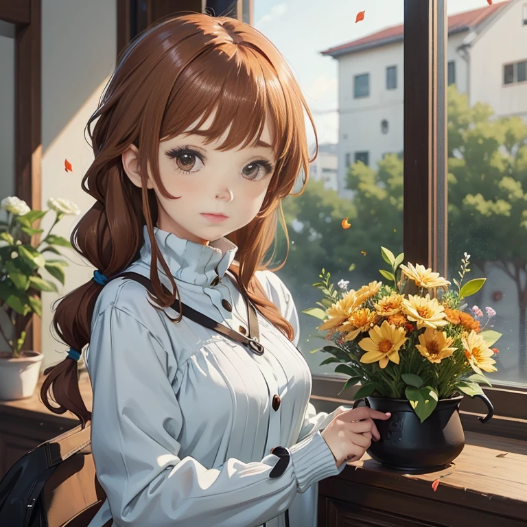 anime girl with long brown hair holding a pot of flowers, anime visual of a cute girl, painted in anime painter studio, anime moe artstyle, marin kitagawa fanart, 🍁 cute, cute anime girl, smooth anime cg art, made with anime painter studio, beautiful anime portrait, cute anime girl portrait, digital anime illustration, rin, with flowers