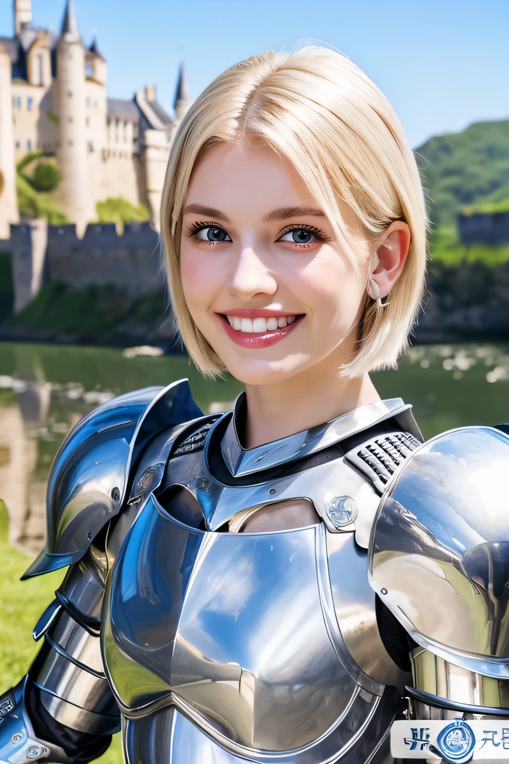 8K、highest quality、female knight、The background is a castle、Luxurious Silver Armor、、hairstyle short cut、smile、beautiful teeth、full body photo、ear piercing、blonde、white woman、blue eyes、heavy makeup、The background is inside the castle