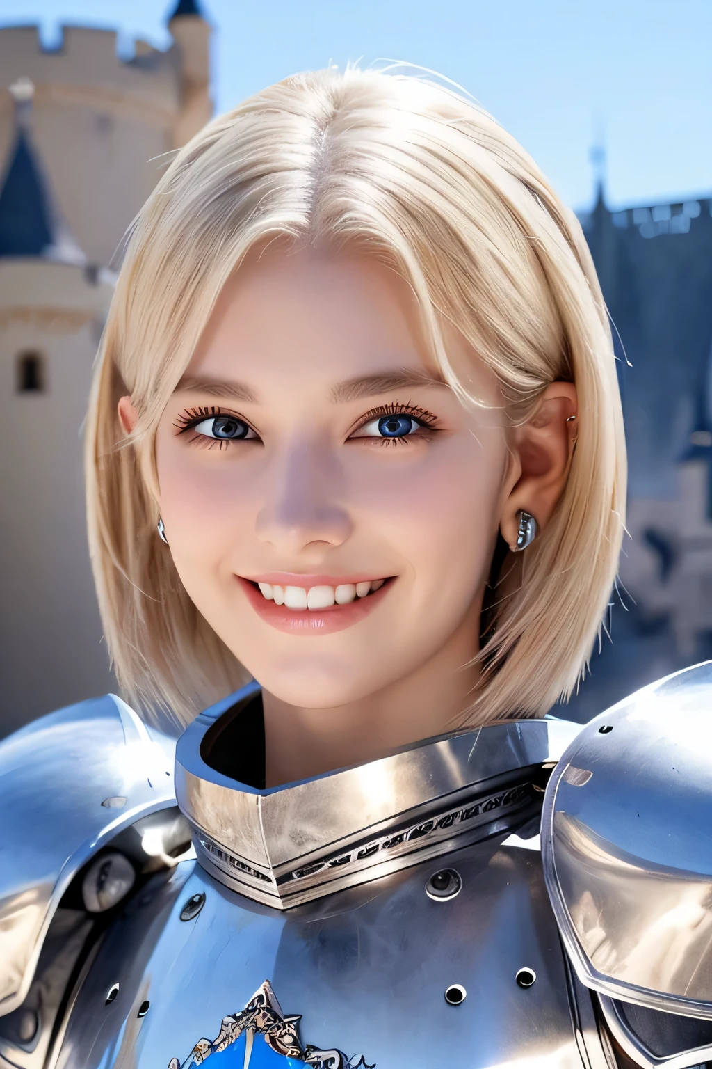8K、highest quality、female knight、The background is a castle、Luxurious Silver Armor、、hairstyle short cut、smile、beautiful teeth、full body photo、ear piercing、blonde、white woman、blue eyes、heavy makeup、The background is inside the castle