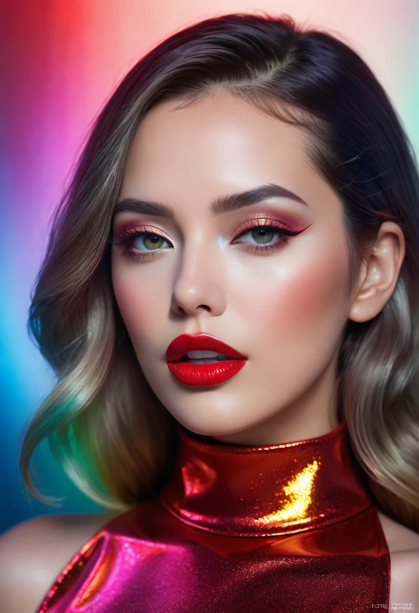 fantasic nature, ultra detail, ultra realism, hyper realistic, 90s, furrowed, vibrant holographic gradient, adventurecore, argon flash, photopainting, femme fatale, red lips, Professional Photography, Award Winning Photoshoot, Hyper-Realistic, Canon 1DX Mark III, 35mm, f/8
