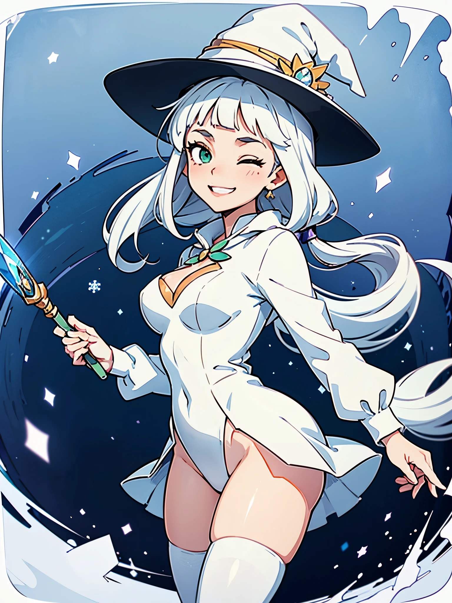 a cartoon of a woman dressed in a superhero costume holding a wand, witch academia, superhero sorceress witch, glamorous angewoman digimon, sky witch, by Aguri Uchida, maya ali as an ice mage, white tuxedo, leotard, solid white leotard with florescent blue accents, bare legs, white thigh-highs, winter boots, white witch hat, (white hair, long hair, ponytail, bangs), green eyes, beautiful detailed eyes, beautiful detailed face, cute face, slightly large breasts, smile, one eye closed, playful, flirty, age 16-18, solo, solo focus, wonder, full body portrait, cowboy shot