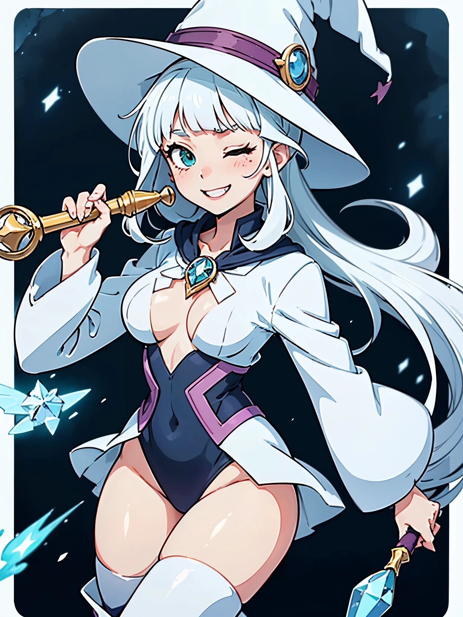 a cartoon of a woman dressed in a superhero costume holding a wand, witch academia, superhero sorceress witch, glamorous angewoman digimon, sky witch, by Aguri Uchida, maya ali as an ice mage, white tuxedo, leotard, solid white leotard with florescent blue accents, bare legs, white thigh-highs, winter boots, white witch hat, (white hair, long hair, ponytail, bangs), green eyes, beautiful detailed eyes, beautiful detailed face, cute face, slightly large breasts, smile, one eye closed, playful, flirty, age 16-18, solo, solo focus, wonder, full body portrait, cowboy shot