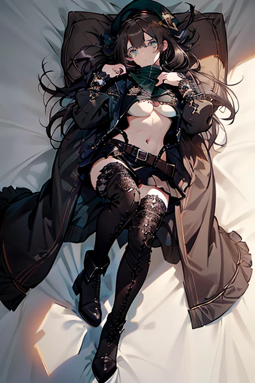 ubel,dark green hair,long hair,side ponytail,hair between eyes,bangs, (beret, black jacket, open clothes, cleavage, midriff, (Make the subject look three-dimensional with the contrast of light and shadow),Cute and beautiful 22yo girl,(masterpiece:1.2), best quality, high resolution, unity 8k wallpaper, (illustration:0.8), (beautiful detailed eyes:1.6), extremely detailed face, perfect lighting, extremely detailed CG, (perfect hands, perfect anatomy),(brown eyes: 1.1),Brown hair,watching at viewers,black suspenders,(Bulging ,big breasts:1.1),tacticul jacet,Black miniskirt,garters,Gaze,Small face,bangss,holster,Belt Armament,Beautuful Women srestrained,hands up,sitting Lying in bed,Leg holster ,Gaze,black boots,panty shot, extremely detailed face, perfect lighting, extremely detailed CG,