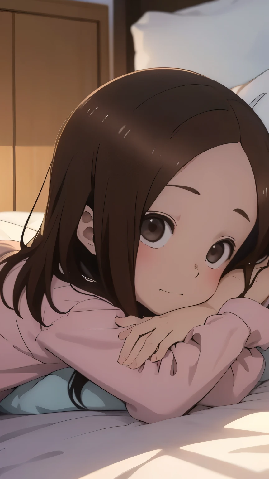 #takagisan.#Takagi-san、#1boy、#masterpiece、#highest quality、8k、#1boy、#masterpiece、#highest quality、8k、#first person perspective、#Viewer&#39;s perspective、Sleeping on the bed、Lie down next to、face close up、