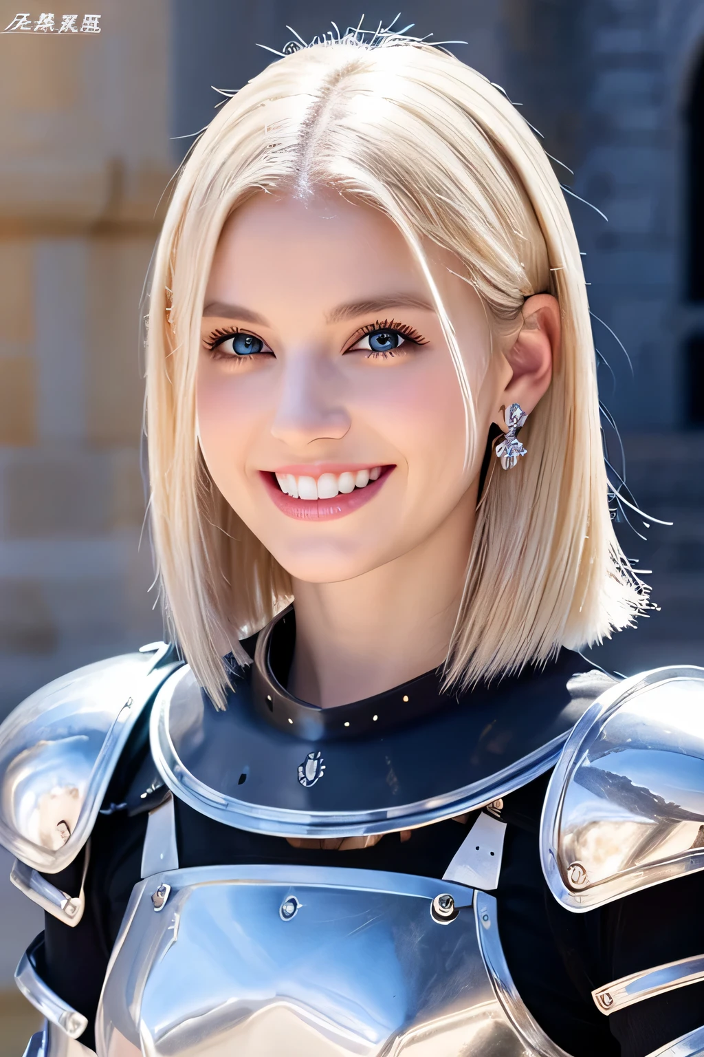 8K、highest quality、female knight、Luxurious Silver Armor、、hairstyle short cut、smile、beautiful teeth、full body photo、ear piercing、blonde、white woman、blue eyes、heavy makeup、The background is inside the castle