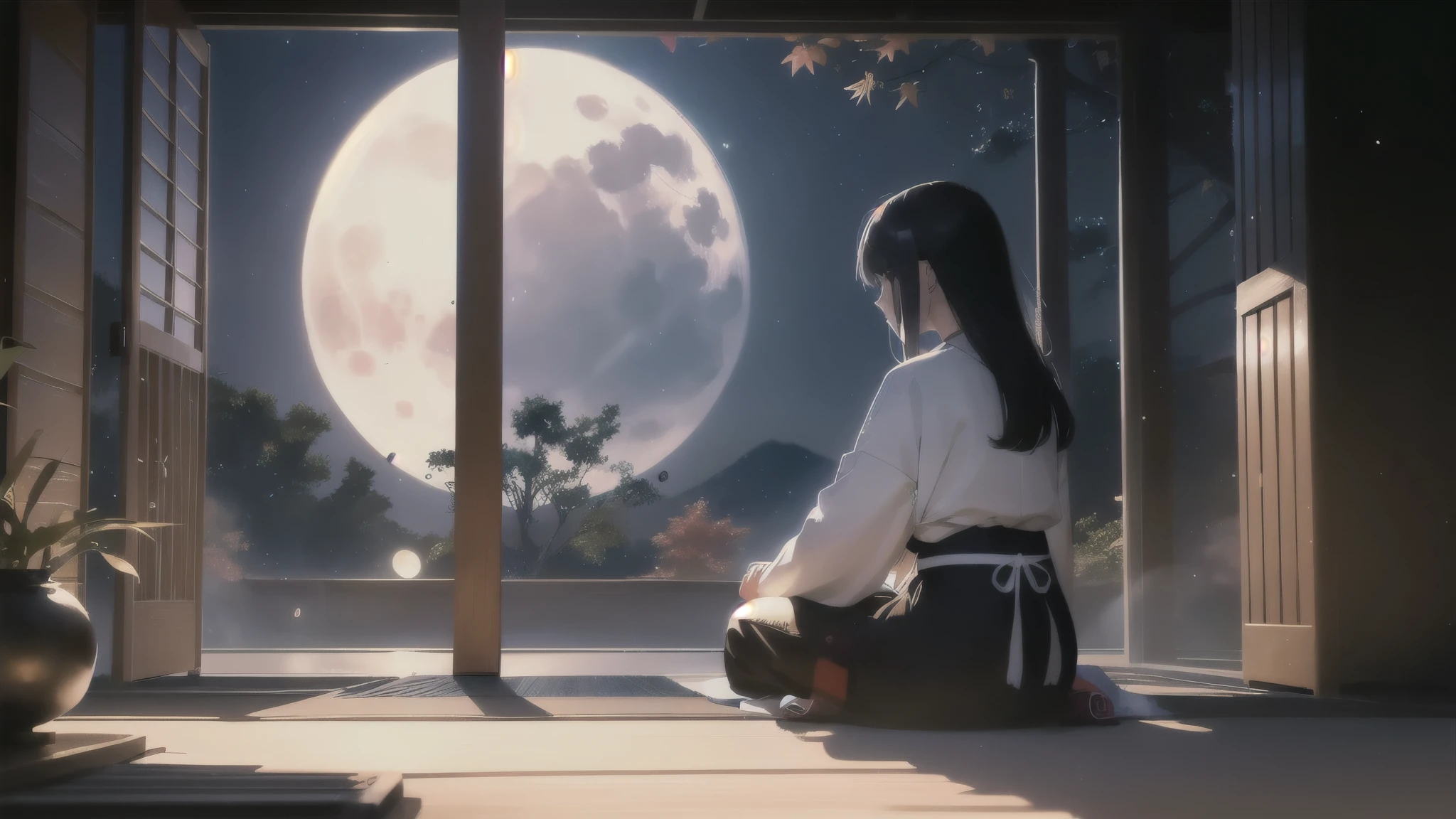 Anime girl sitting on the floor looking at the moon outside the window, anime style 4 k, anime art wallpaper 8k, 4k anime wallpaper, Beautiful peace scene in anime, anime art wallpaper 4k, anime art wallpaper 4k, anime wallpaper 4k, anime wallpaper 4k, anime style. 8K, Gwaites style artwork, beautiful anime scene