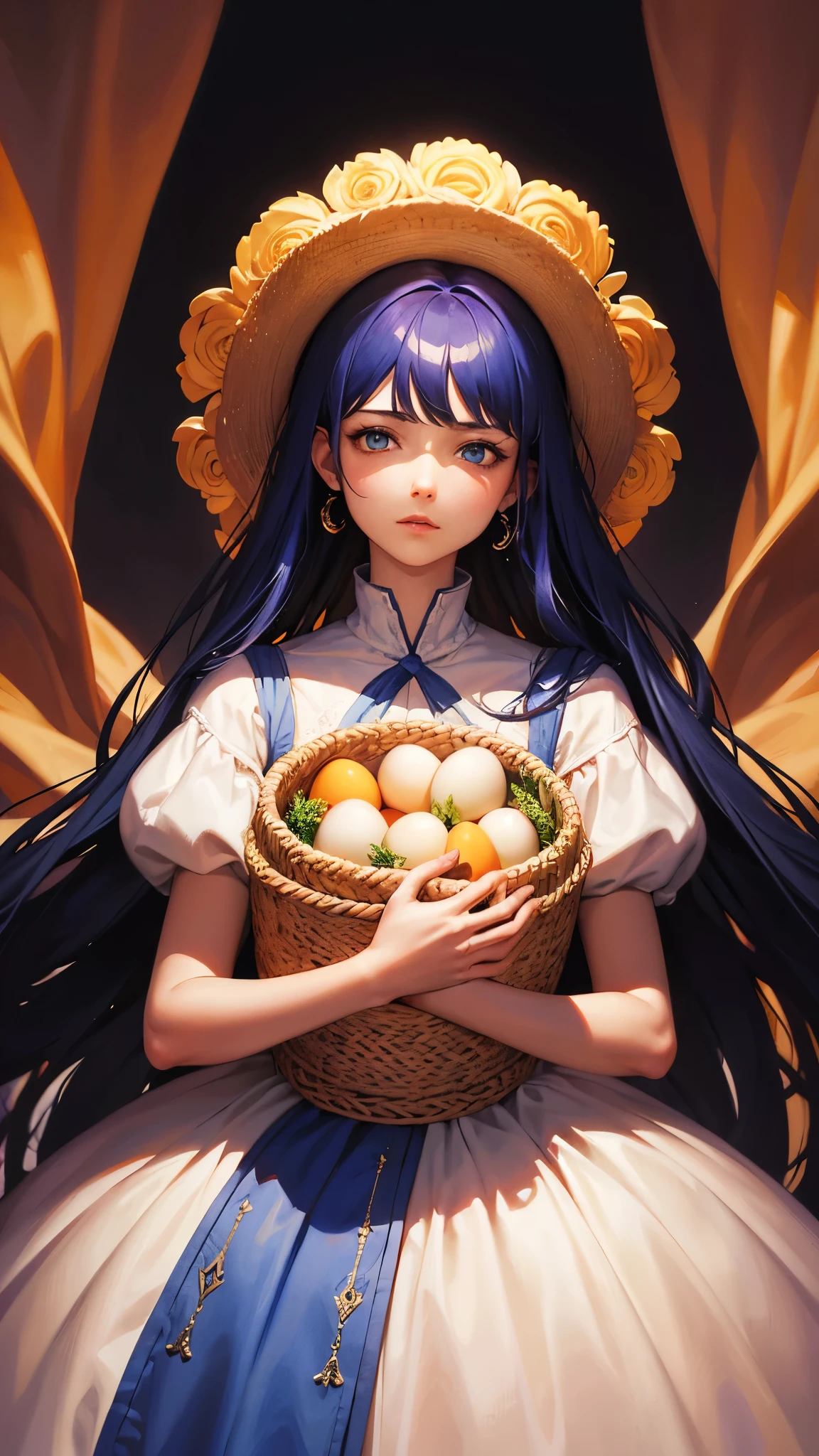 Arafed image of a girl in a dress holding a basket of eggs.., obra de arte oficial, darrell k dulce, diosa de la primavera, inspirado en Sophie Gengembre Anderson, Teniente Alexander Kucharsky, Hermosa obra de arte digital, con una canasta de pascua, Obra maestra colorida e intrincada, alexey egorov, by László Balogh, obra maestra colorida e intrincada