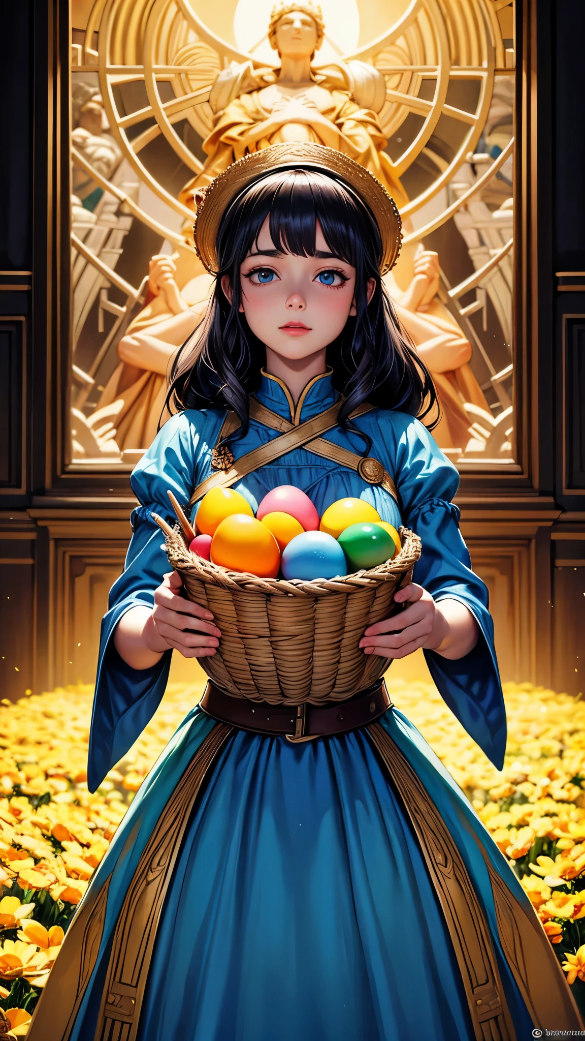 Arafed image of a girl in a dress holding a basket of eggs.., obra de arte oficial, darrell k dulce, diosa de la primavera, inspirado en Sophie Gengembre Anderson, Teniente Alexander Kucharsky, Hermosa obra de arte digital, con una canasta de pascua, Obra maestra colorida e intrincada, alexey egorov, by László Balogh, obra maestra colorida e intrincada