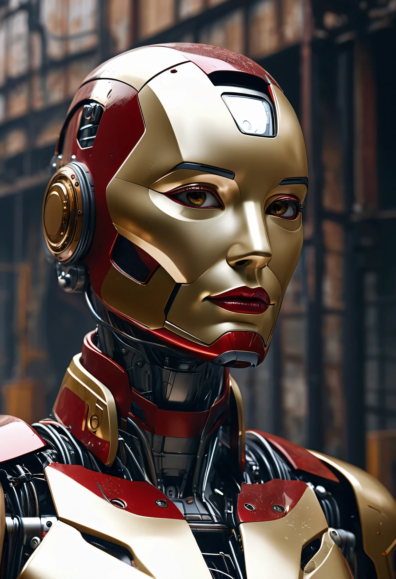 BRUT, chef-d'artwork, Photo ultra fine,, best quality, ultra haute résolution, photorealistic, sunlight, portrait complet du corps, incroyablement belle,, Poses dynamiques, Delicate face, Des yeux vibrants, (side view) , elle porte un robot futuriste Iron Man, red and gold color scheme, Fond d'highly detailed abandoned warehouse, Detailed face, Detailed and complex busy context, messy, Magnifique, blanc laiteux, highly detailed skin, Realistic Skin Details, pores visibles , sharpness, volumetric fog, 8k euh, digital reflex camera, high quality, grain de film, peau claire, photorealism, lomographie, sprawling metropolis in futuristic dystopia, vue d'en bas, translucide