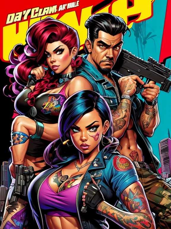 graffiti style drawing, 4k, best quality, Comic Babes,cartoon of a man and a woman with guns and a man with a woman, lowbrow style art, by Dave Arredondo, gta v artwork style, gang members, dayer diego art, lowbrow style art, Lowriders, lowbrow art, chicano airbrush art, by Jake Parker, by Irvin Bomb, by Eddie Mendoza, by Randy Vargas