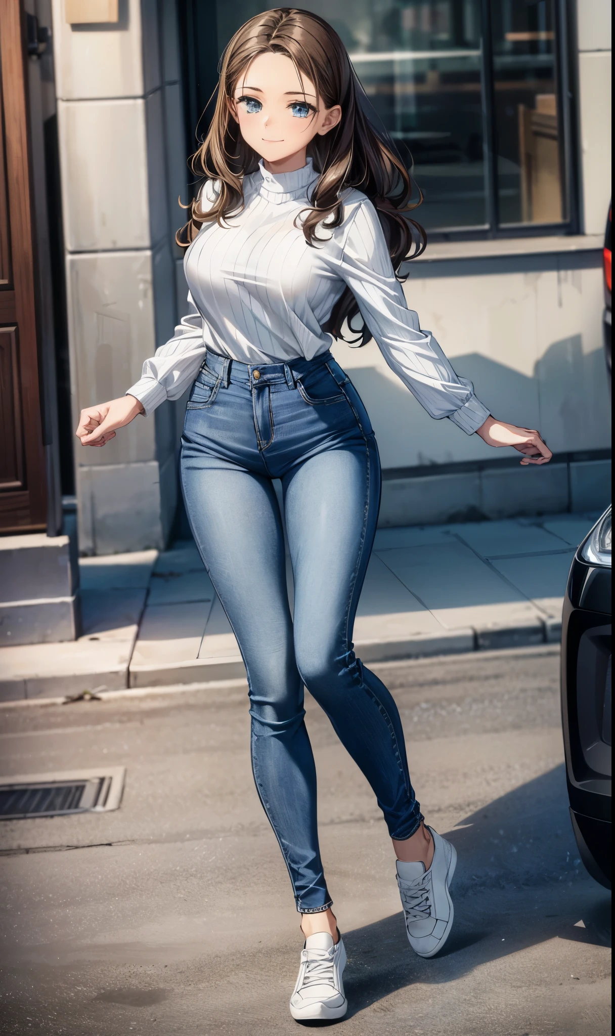 ultra high resolution, UHD, (dynamic angle, seductive pose:1.2), outdoors, downtown, (legs focus, full body:1.3), (beautiful face, beautiful eyes, beautiful legs), not safe for work,
1girl, 20 year old, european, brown hair, wavy hair, medium hair, forehead, blue eyes, seductive smile, hard nipples, (striped shirt), long sleeves, skinny, wide hips, thin waist, (jeans pants, skinny jeans, blue jeans), white sneakers