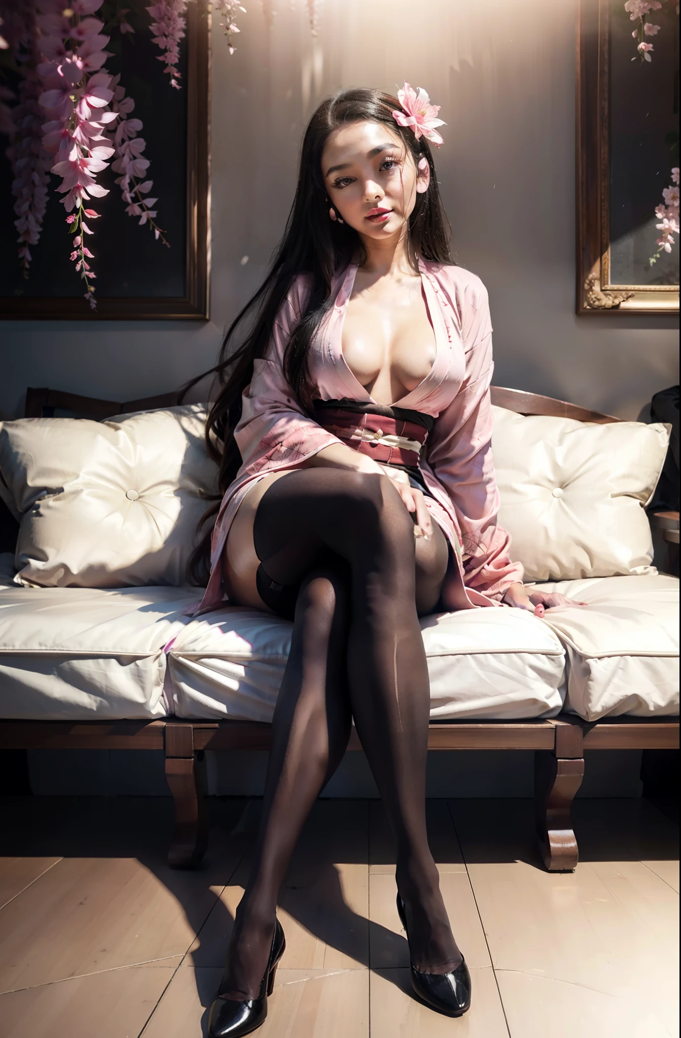 masterpiece, (pink kimono), seductive face, good lighting, low-cut, small details, masterpiece, glowing eyes, 1girl, black hair, on face, Nezuko Kamado, wisteria background, masterpiece, best quality, POV, erotica, pantyhouse, gaze looking at the camera, high heal, ultra detailed hand and finger, big , thic body, red lips,