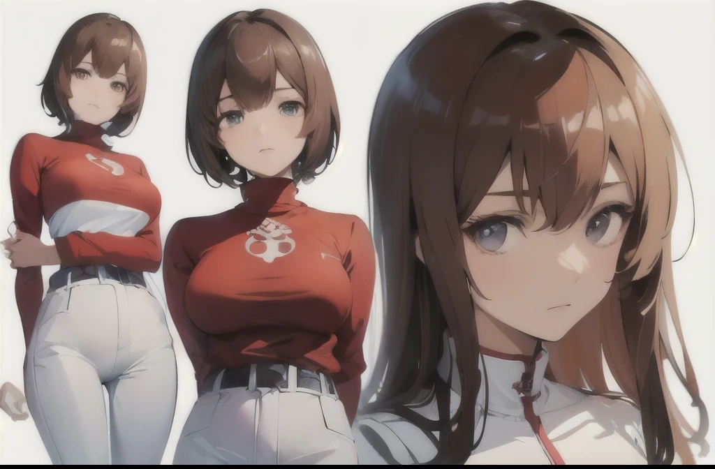 kurisu makise steins gate anime, atmospheric, elegant portrait, super highly detailed, professional digital painting, artstation, concept art, 8k, art by wlop, artgerm and alphonse mucha and eiichiro oda shinkai makoto vibrant Studio ghibli kyoto animation hideaki anno Sakimichan Stanley Artgerm Lau Rossdraws James Jean Marc Simonetti, Beautiful woman, light brown hair, light brown eyes, red turtleneck shirt, white pants, black belt, makeup, top-down view, 2d background, impeccable posture, master piece, super detail, attitude, 40 year old woman, strong expression, attitude, very busty