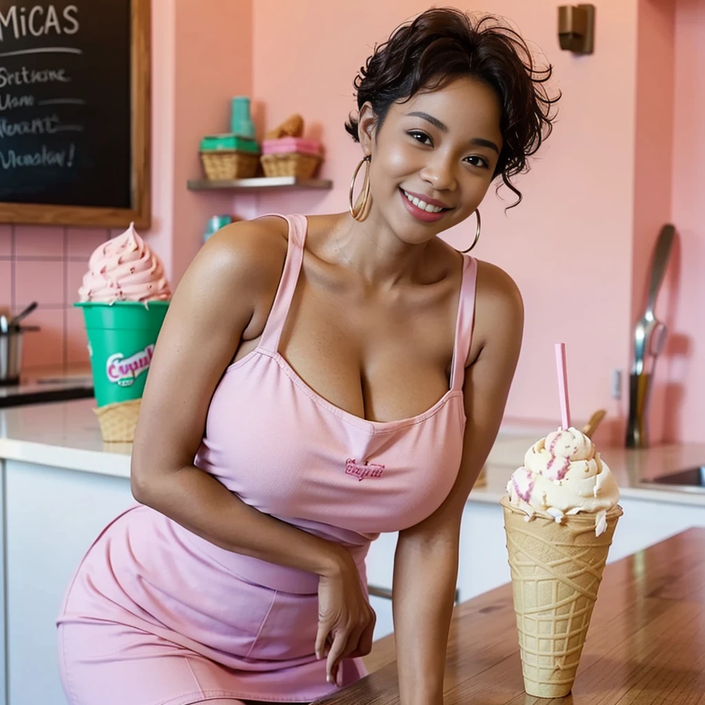 (best quality,realistic)mature african girl, 30 years old, light skin, smiling, big , super big breasts, big breasts nice lips, curvy body, cleavage, vivid colors, curvy body, wearing pink apron, short skirt, Ice cream shop, sitting on counter, Ice cream background, solo, alone, pixie cut, curly hair