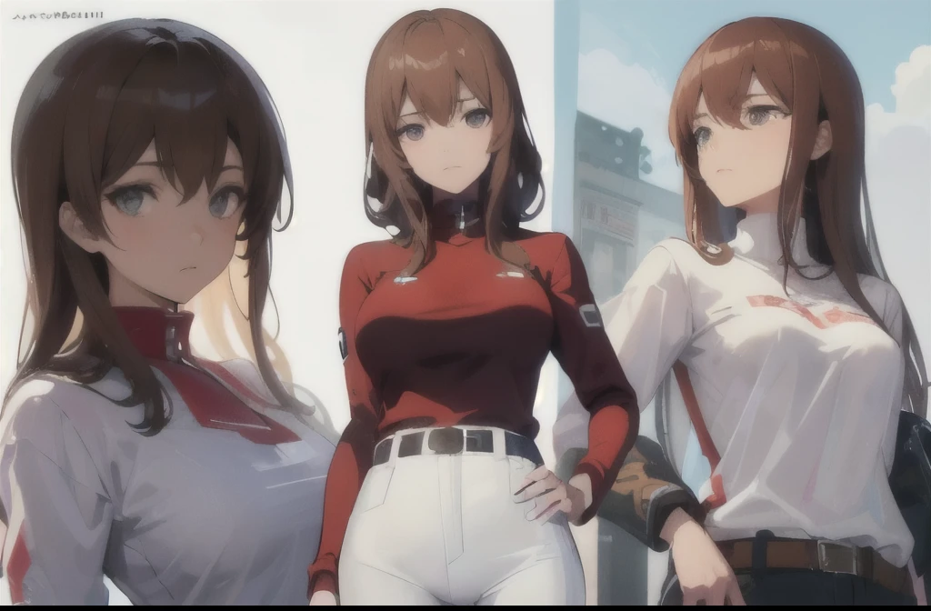 kurisu makise steins gate anime, atmospheric, elegant portrait, super highly detailed, professional digital painting, artstation, concept art, 8k, art by wlop, artgerm and alphonse mucha and eiichiro oda shinkai makoto vibrant Studio ghibli kyoto animation hideaki anno Sakimichan Stanley Artgerm Lau Rossdraws James Jean Marc Simonetti, Beautiful woman, light brown hair, light brown eyes, red turtleneck shirt, white pants, black belt, makeup, top-down view, 2d background, impeccable posture, master piece, super detail, attitude, 40 year old woman, strong expression, attitude, very busty