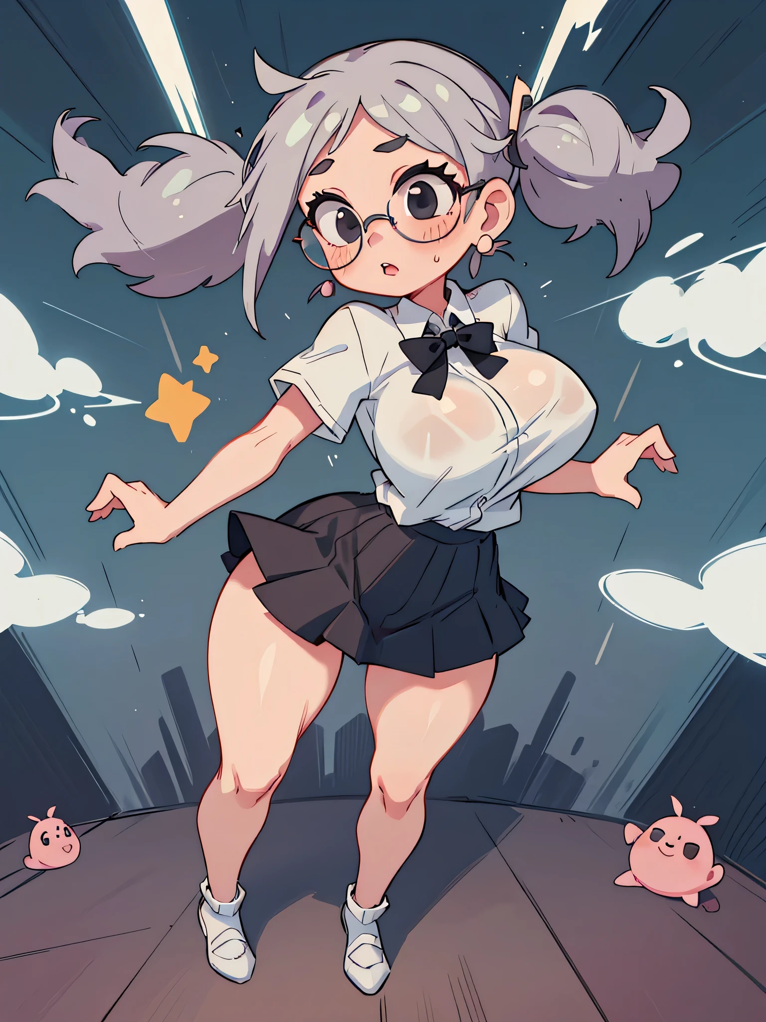1 girl, gray hair, hair in two pigtails, (big lips), black eyes, glasses, huge breasts, blush, blush on nose, open abdomen, from behind, focused portrait, horrible thighs, high thighs, wide hips, narrow waist , hourglass figure, silly, full body, sexy pose, dynamic pose, suit, skirt, long stockings, black shoe, white shirt, in a school, classroom background, delicate, earrings, hair clips, full body, sexy pose, dynamic pose, marked vagina, full nude, naked