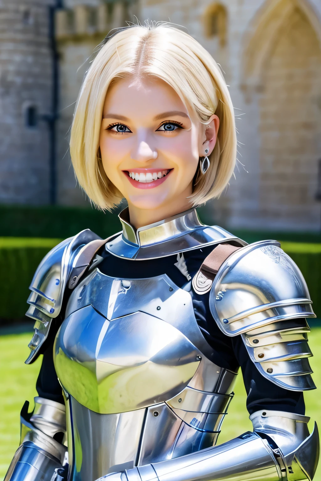 8K、highest quality、female knight、Luxurious Silver Armor、、hairstyle short cut、smile、beautiful teeth、full body photo、ear piercing、blonde、white woman、blue eyes、heavy makeup、The background is inside the castle